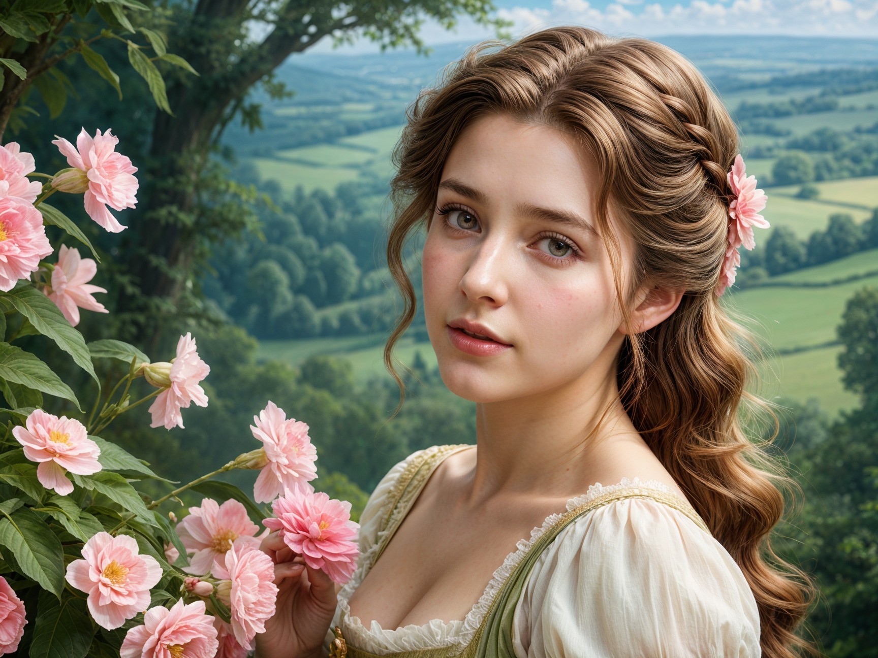 Young woman in vintage dress among blooming roses