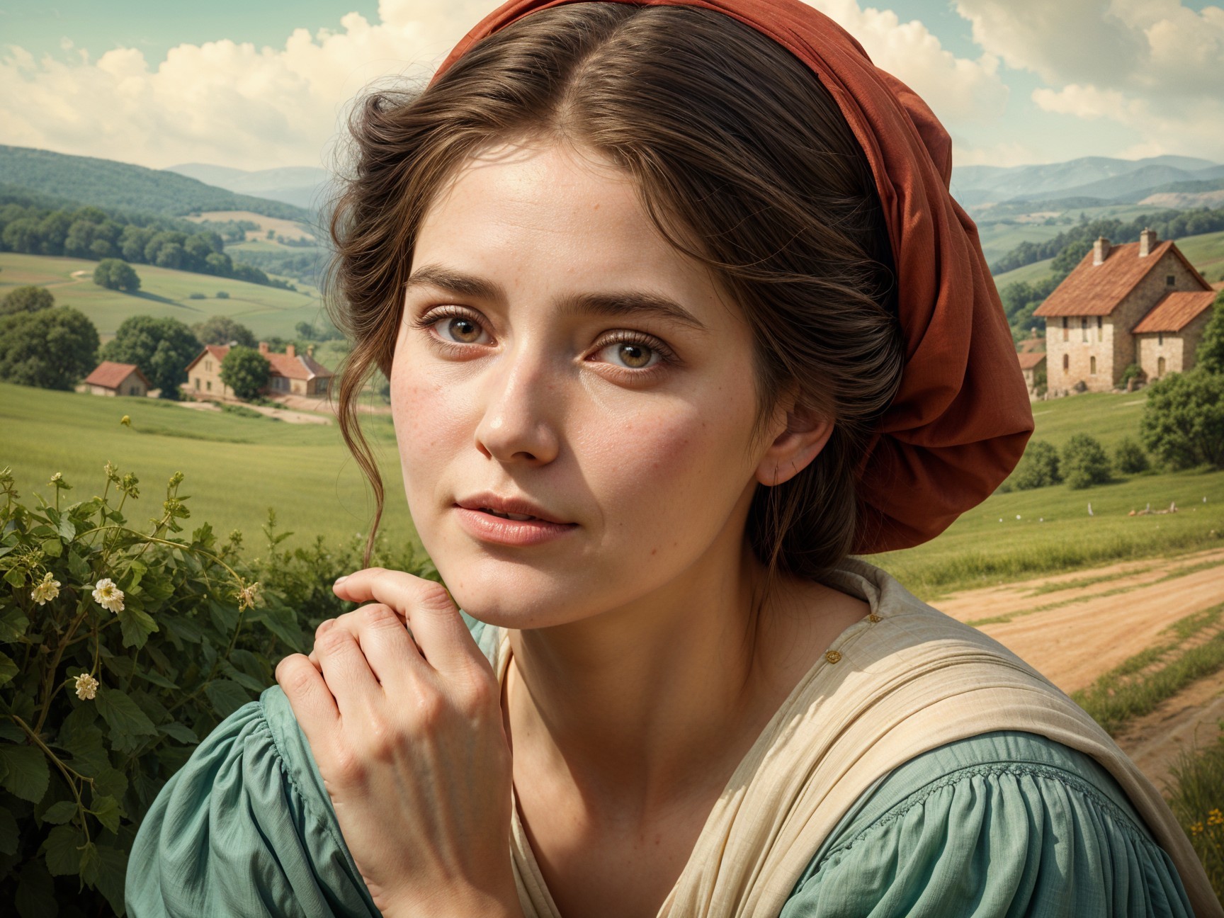 Thoughtful Young Woman in Serene Rural Landscape