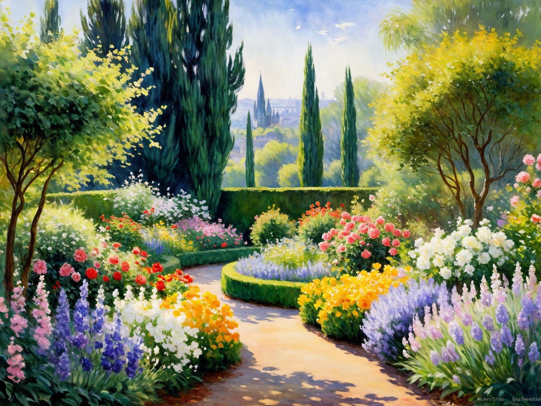Vibrant Garden Scene with Colorful Flowers and Trees