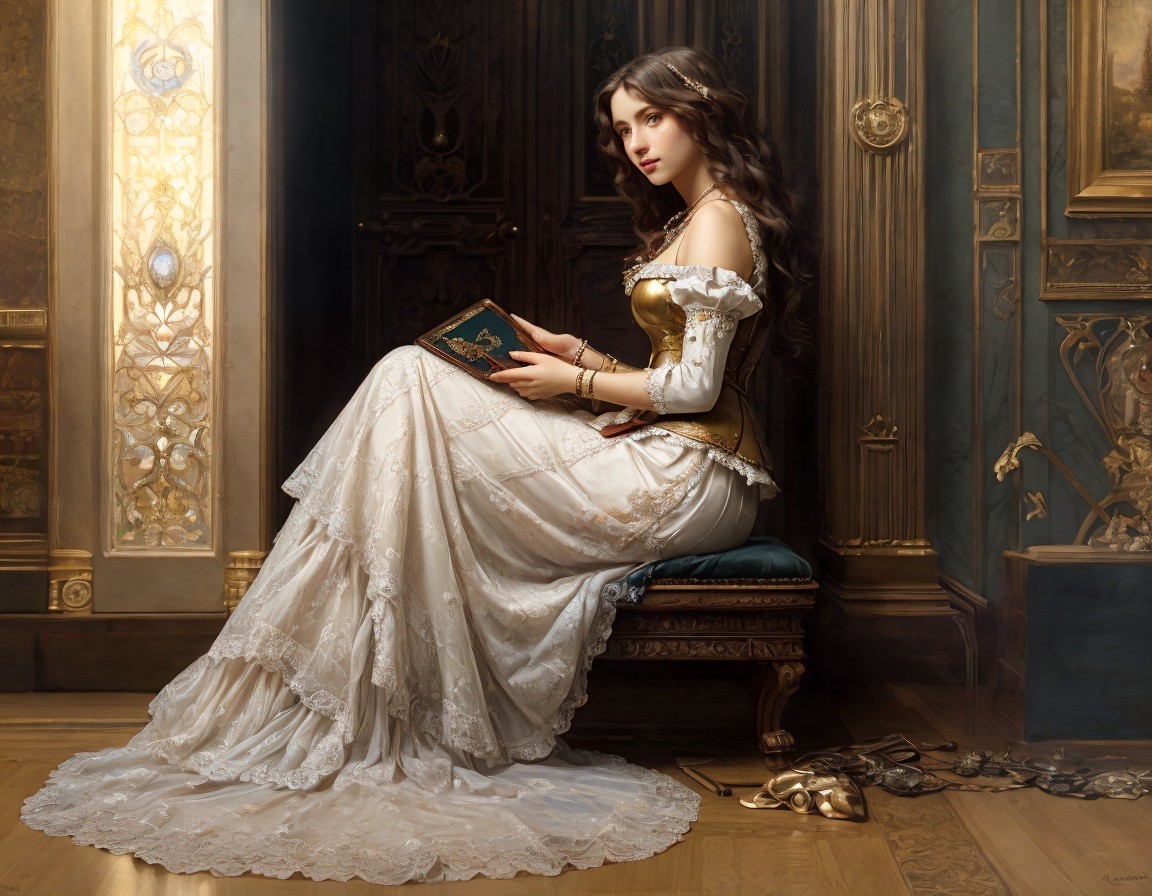Young Woman in Elegant Gown on Ornate Chair