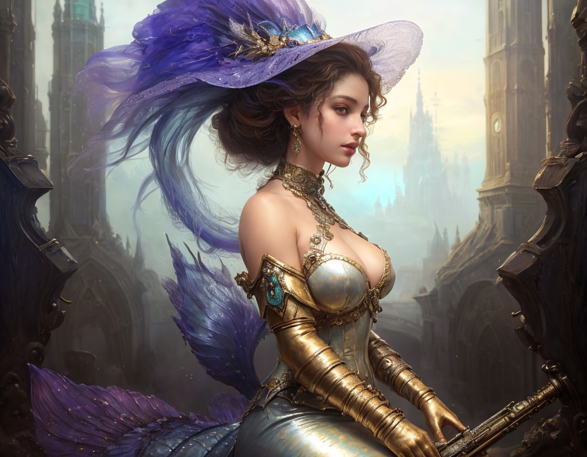 Medieval Woman in Armor with Purple Cape and Hat