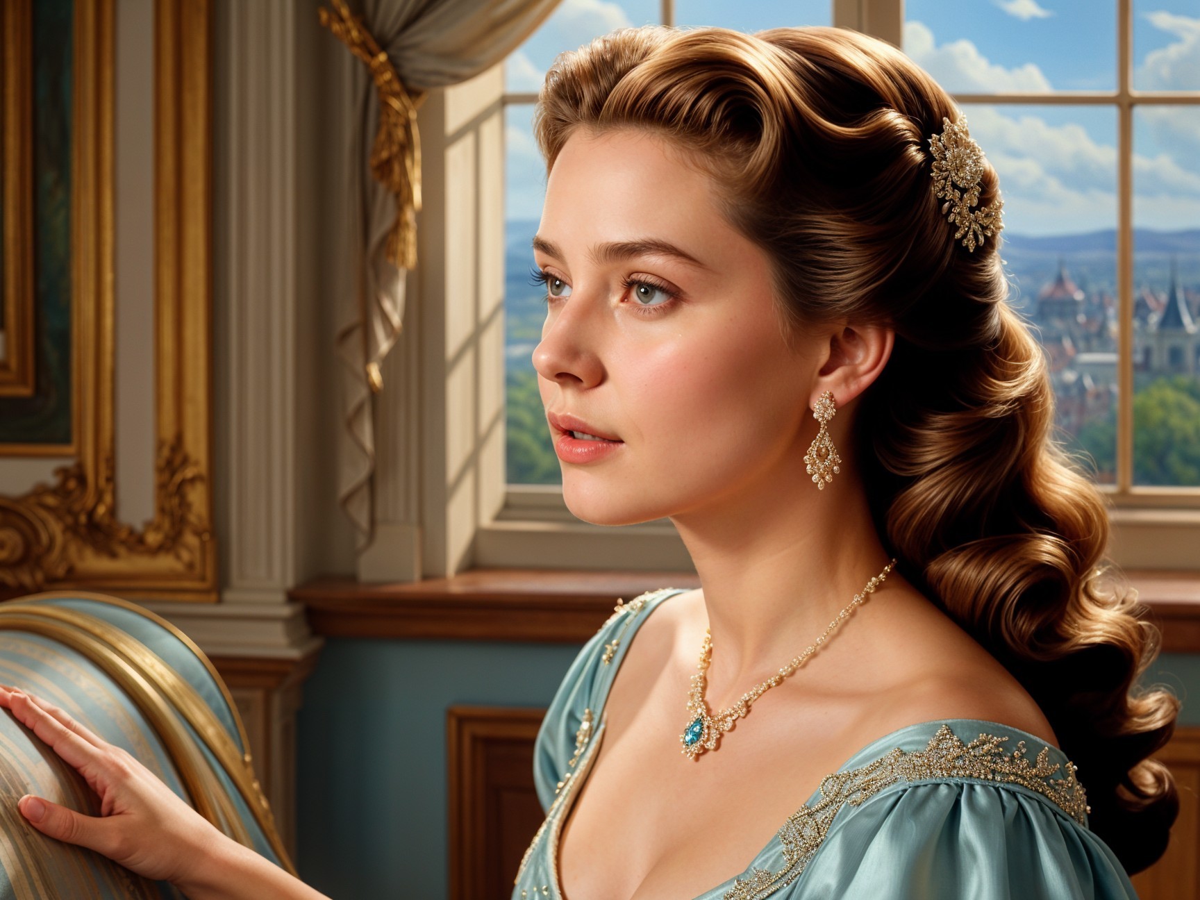 Young woman in blue gown by grand window