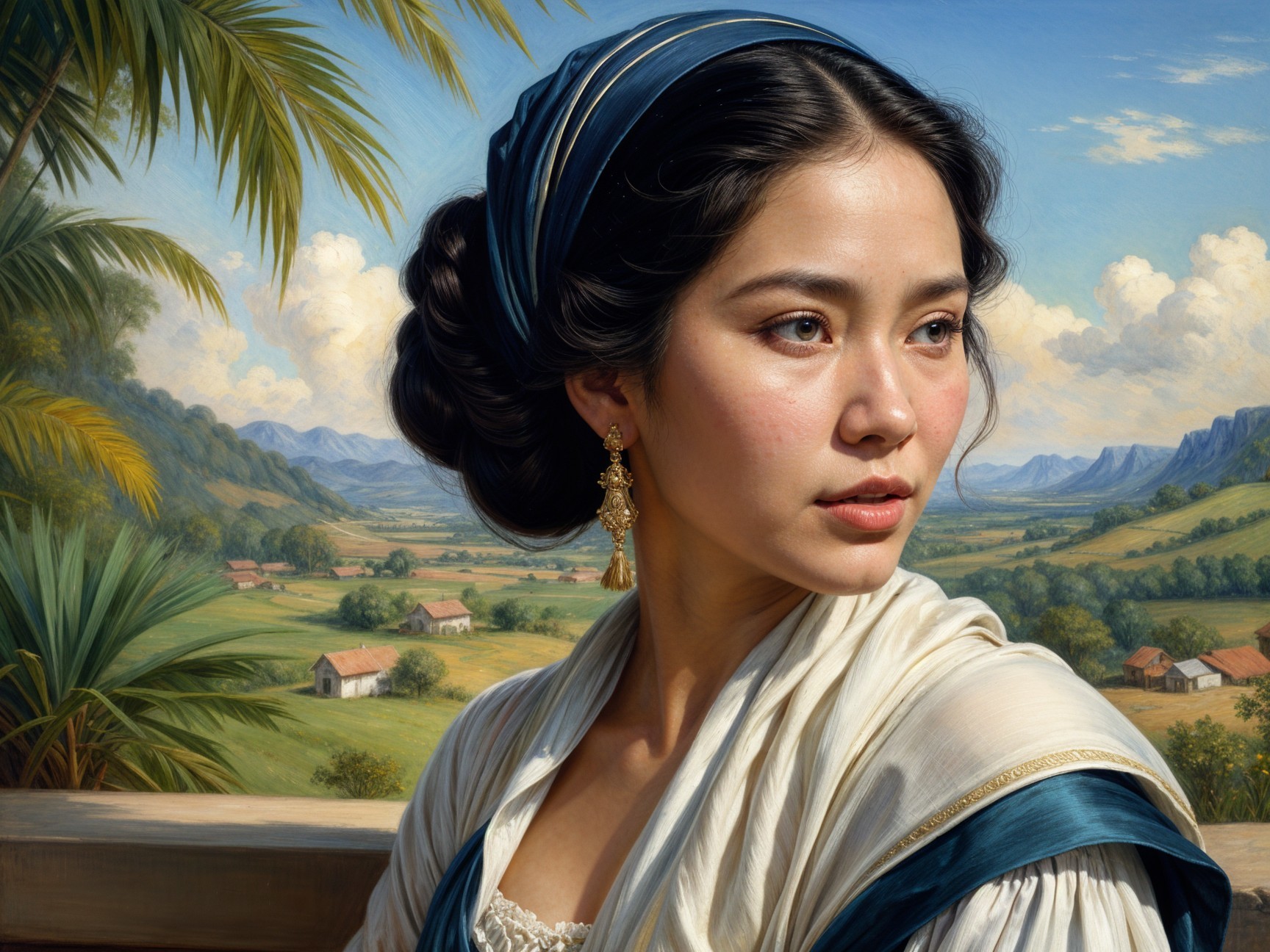 Young Woman in Elegant Attire Against Scenic Landscape