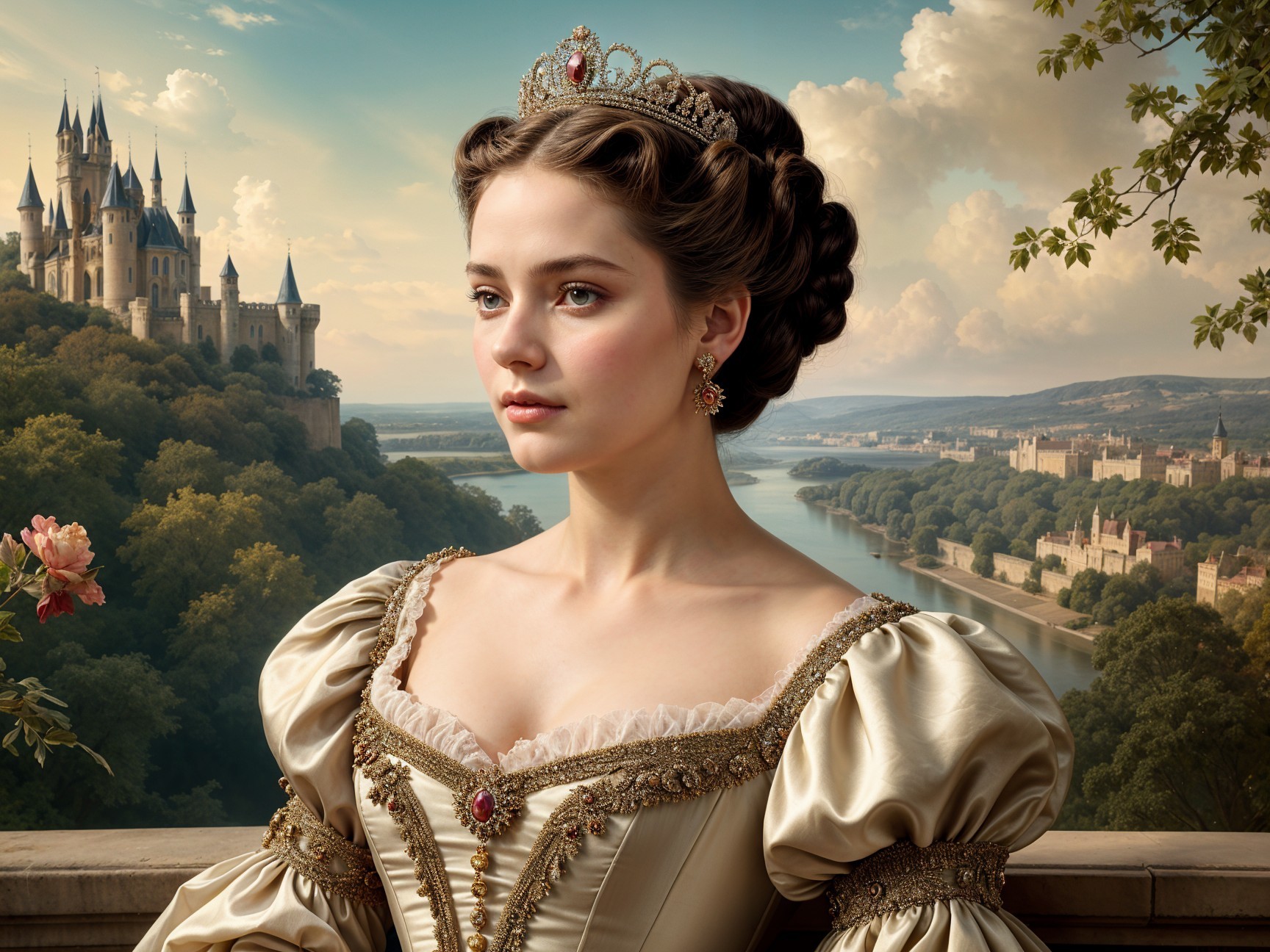 Elegant woman in ornate gown near majestic castle