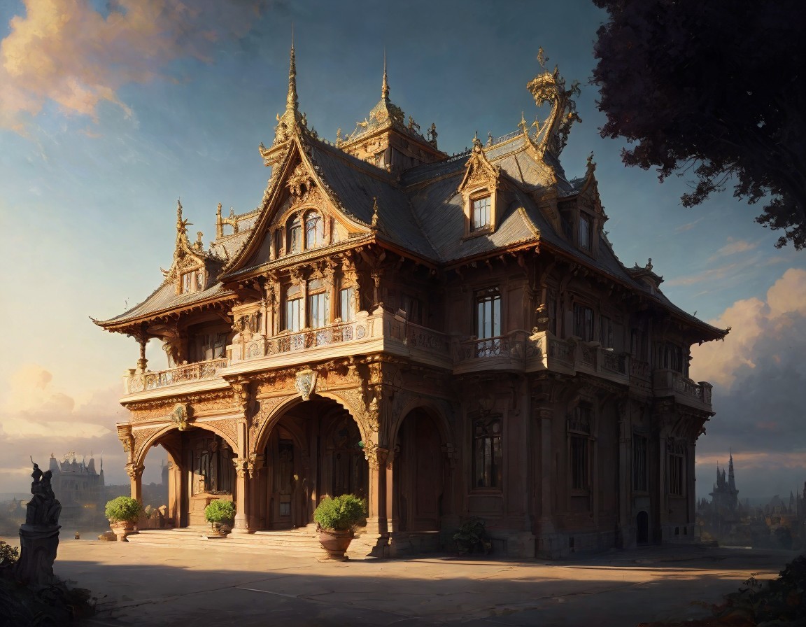 Grand mansion with intricate designs and lush surroundings