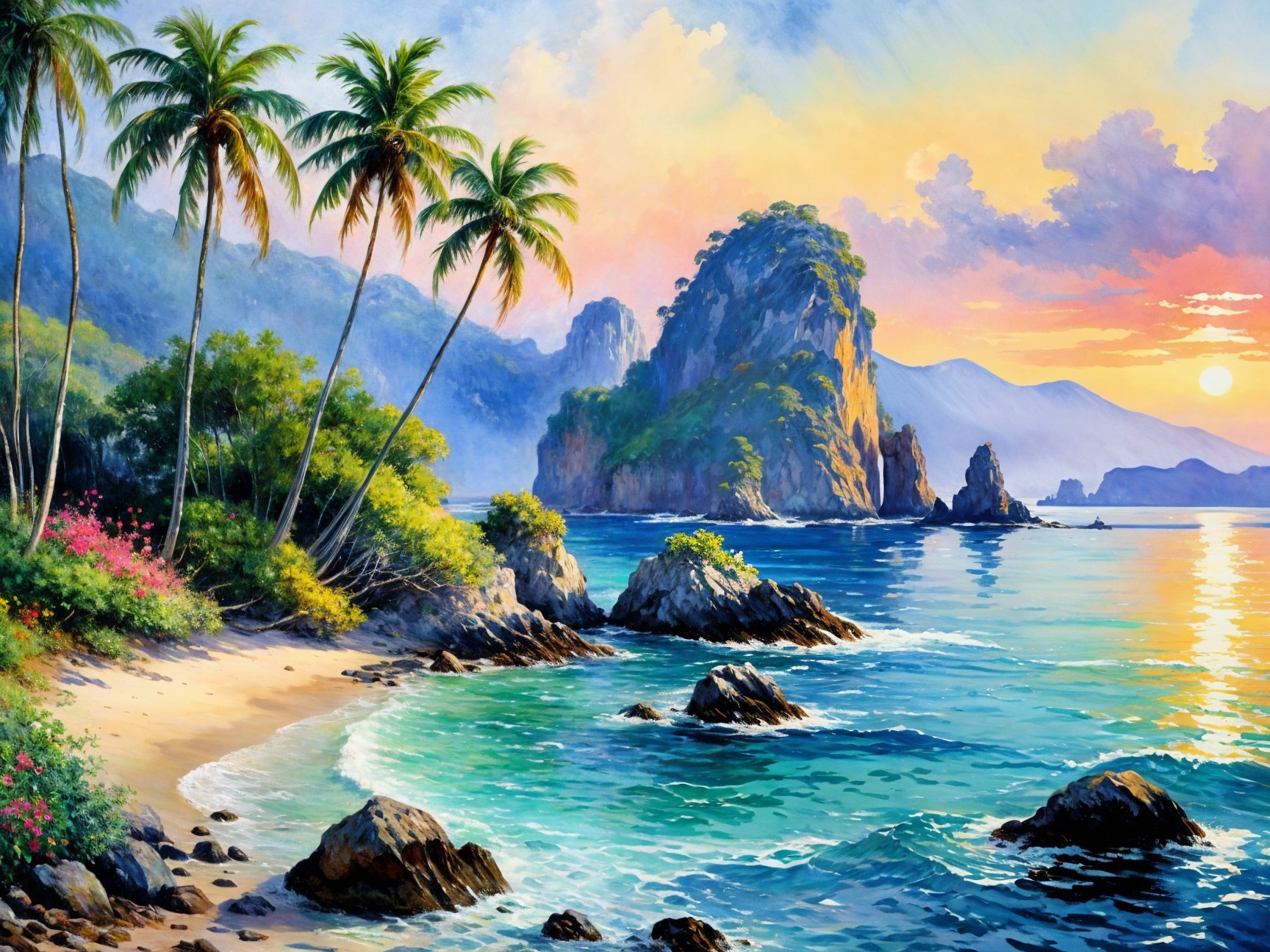 Vibrant Beach Scene with Colorful Sunset and Palm Trees