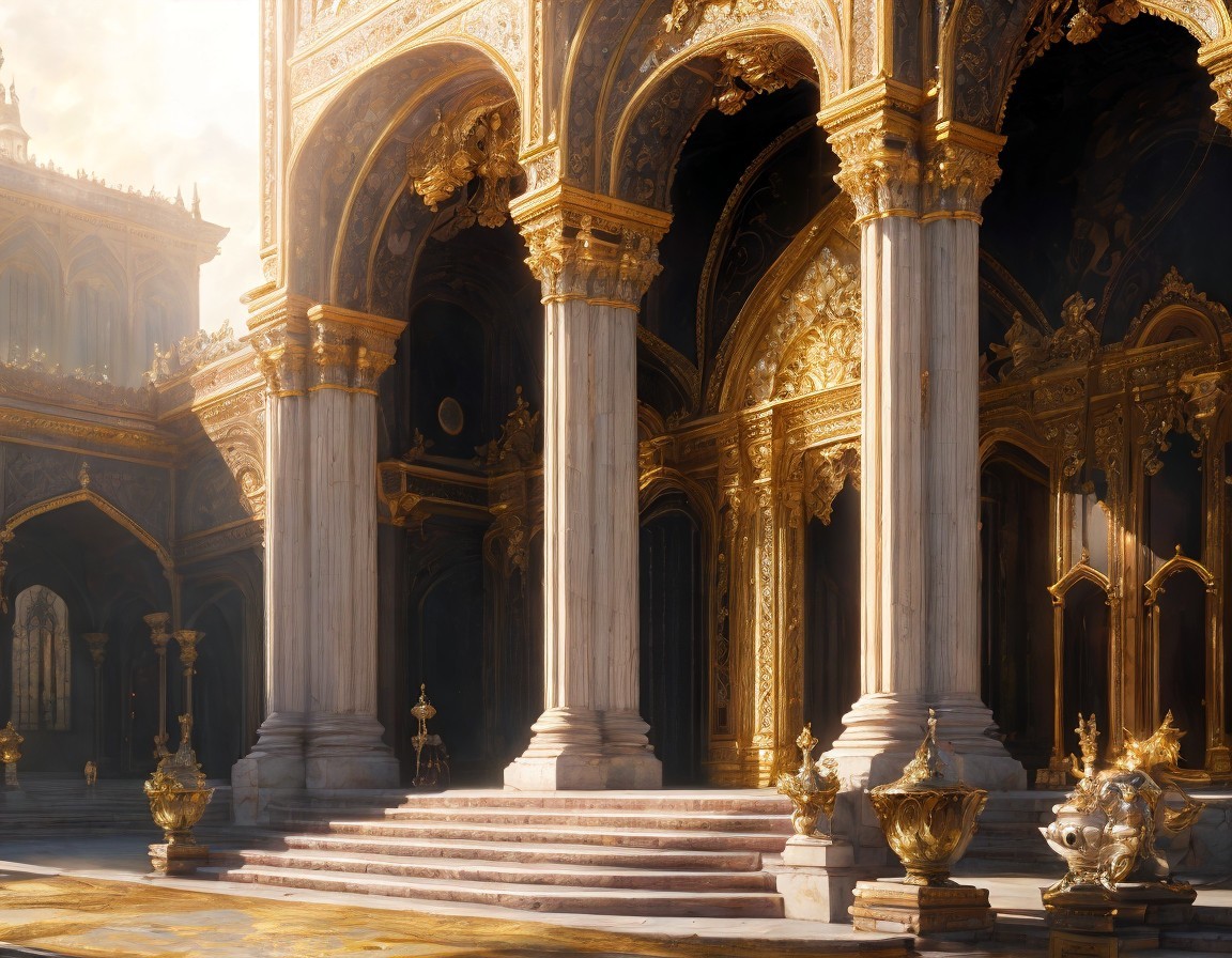 Luxurious Hall with Golden Columns and Ornate Arches