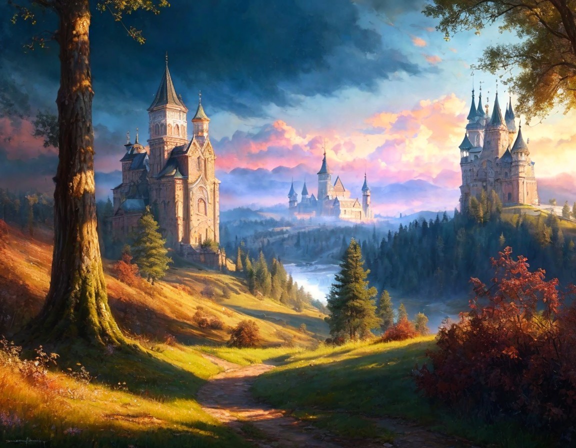 Majestic castles, meandering river, vibrant sunset in fantasy landscape