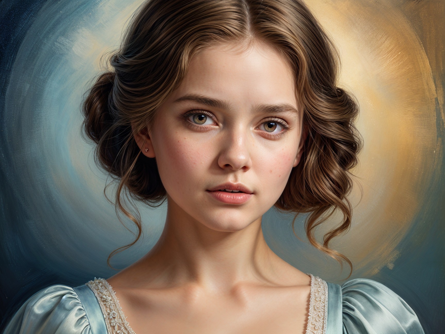 Young woman in pale blue dress with serene background