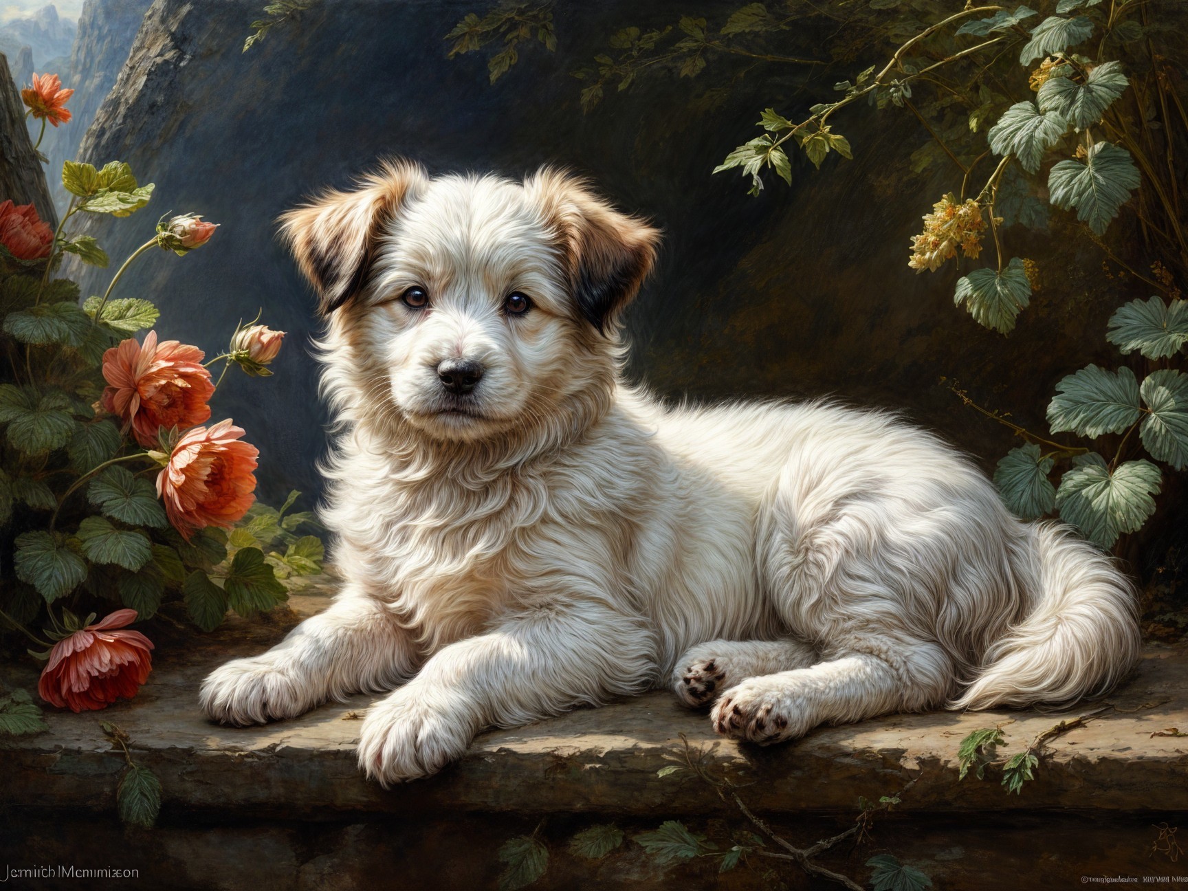 Fluffy Cream-Colored Puppy on Stone Ledge with Flowers