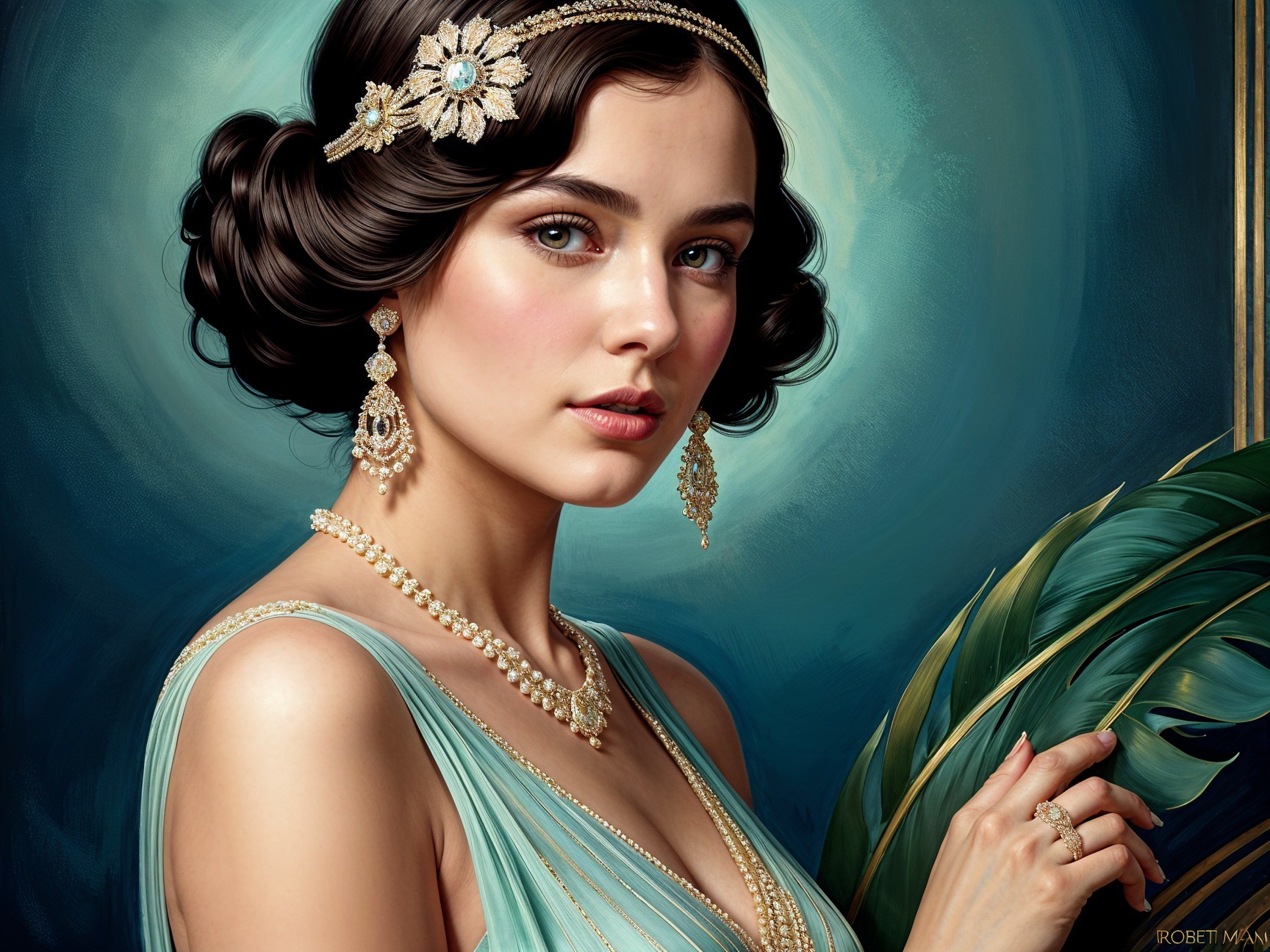 Elegant Young Woman in Vintage Blue Dress with Jewelry