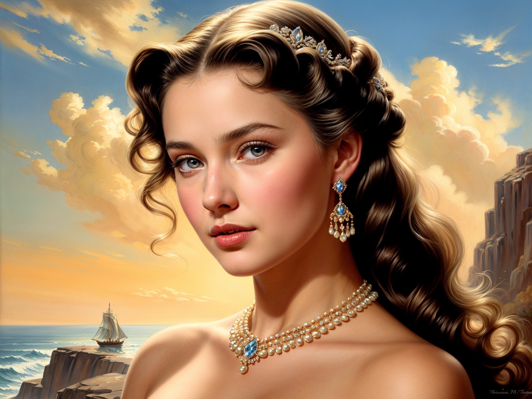 Young woman with jewelry against serene seascape