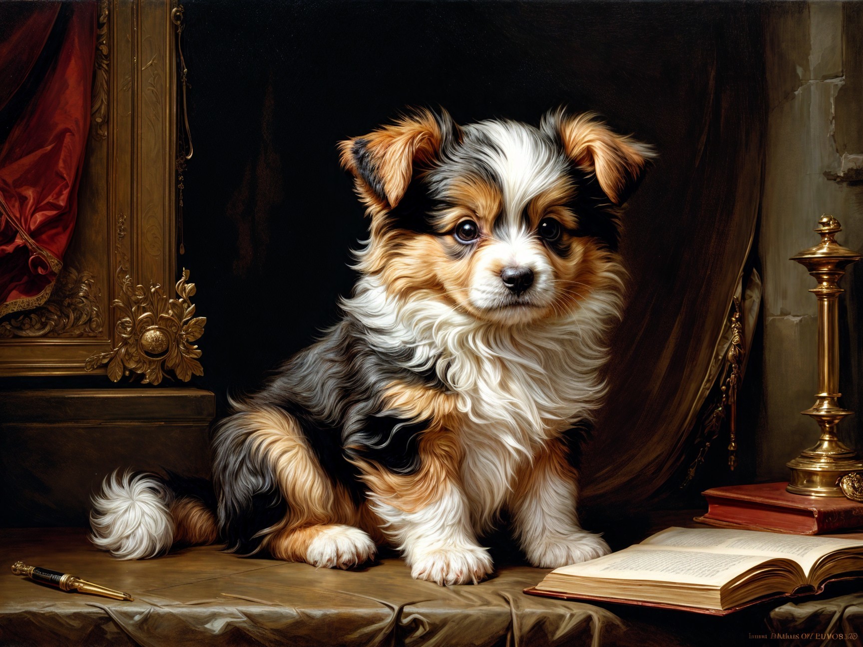Fluffy Tri-Colored Puppy in Elegant Setting