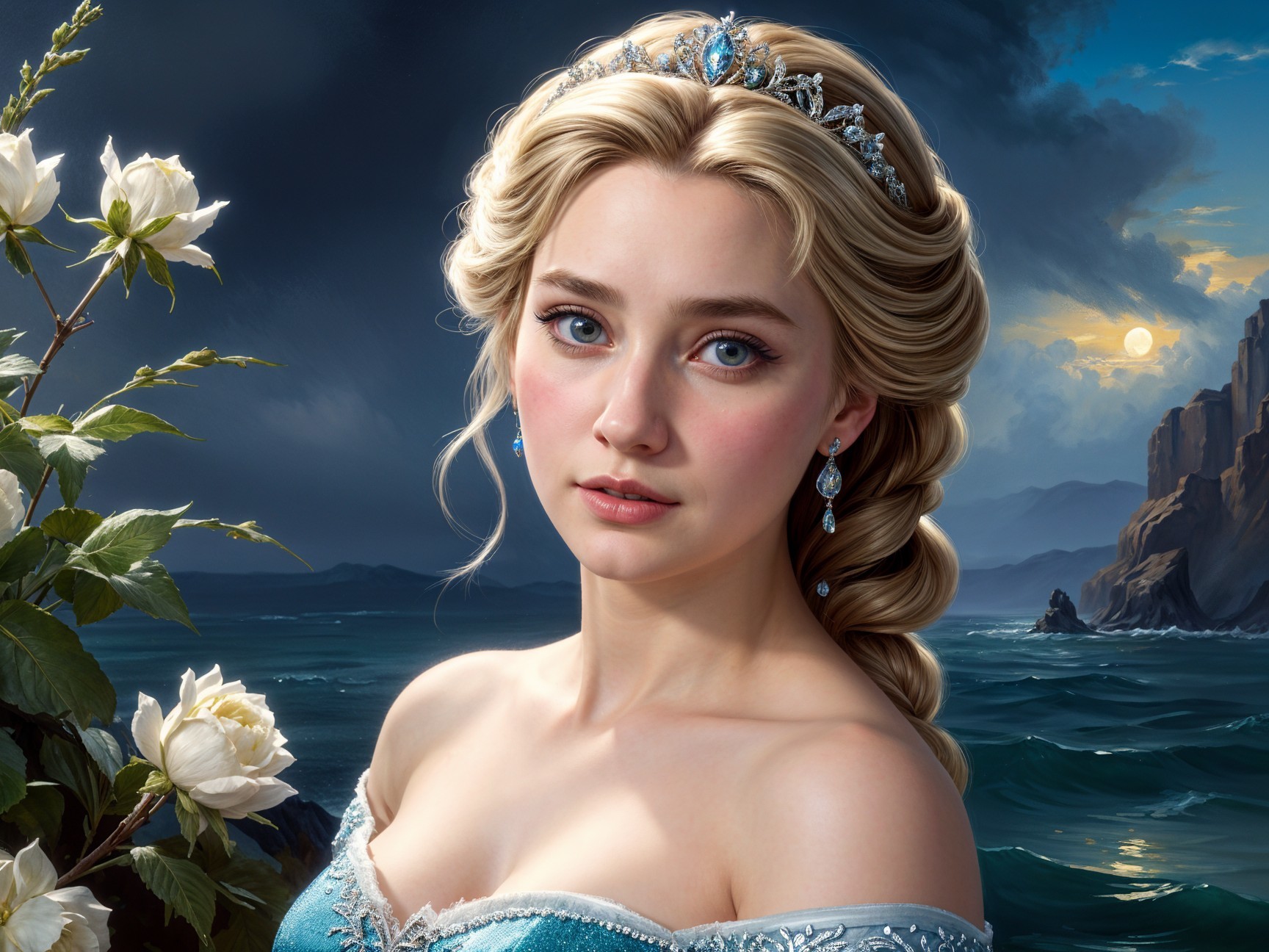 Young woman in turquoise gown by ocean at twilight