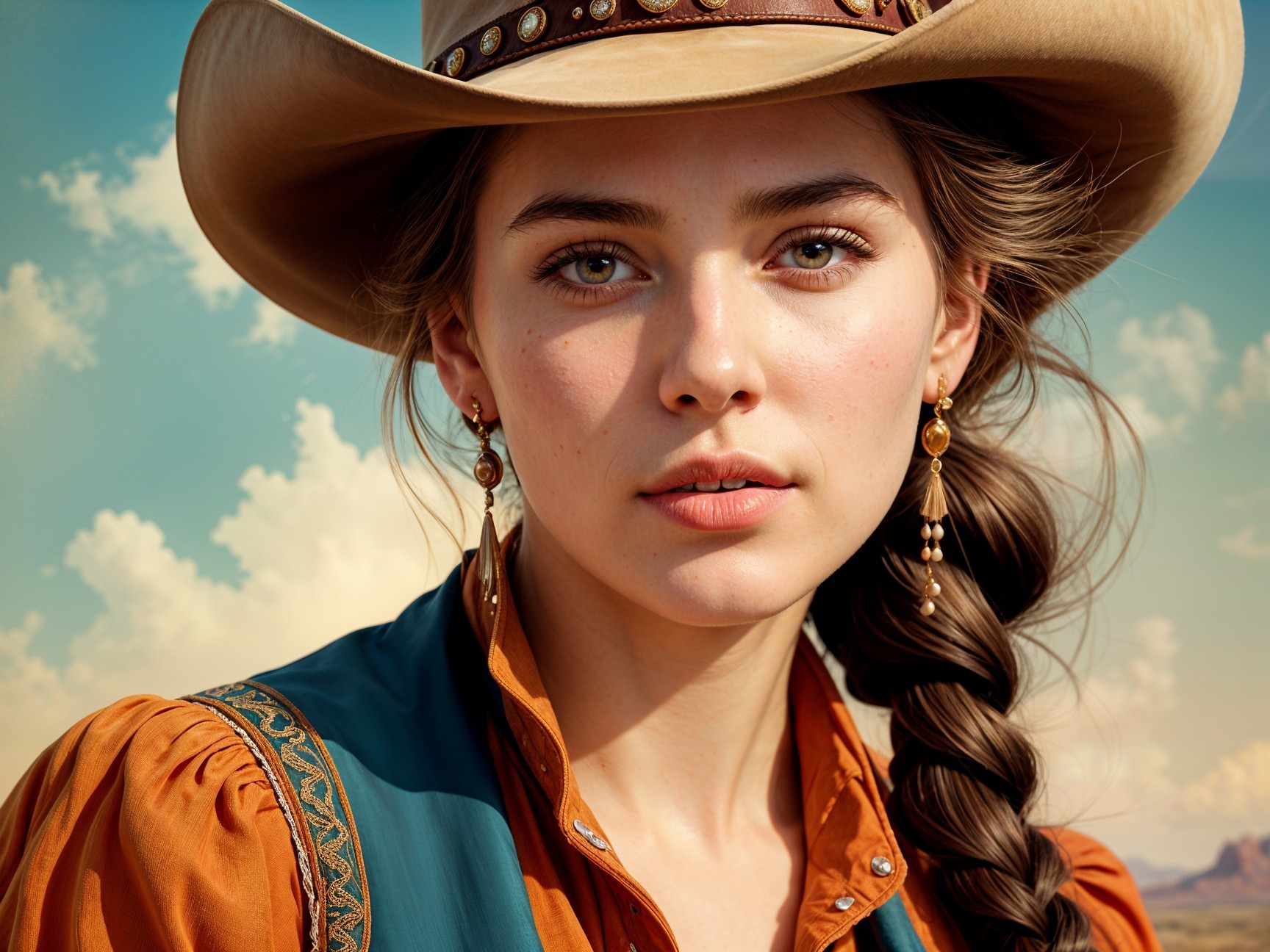 Young Woman in Cowboy Hat Against Blue Sky