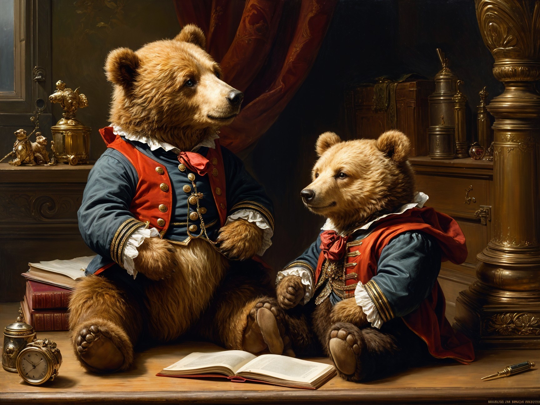 Bears in Regency Attire in a Cozy Room Setting