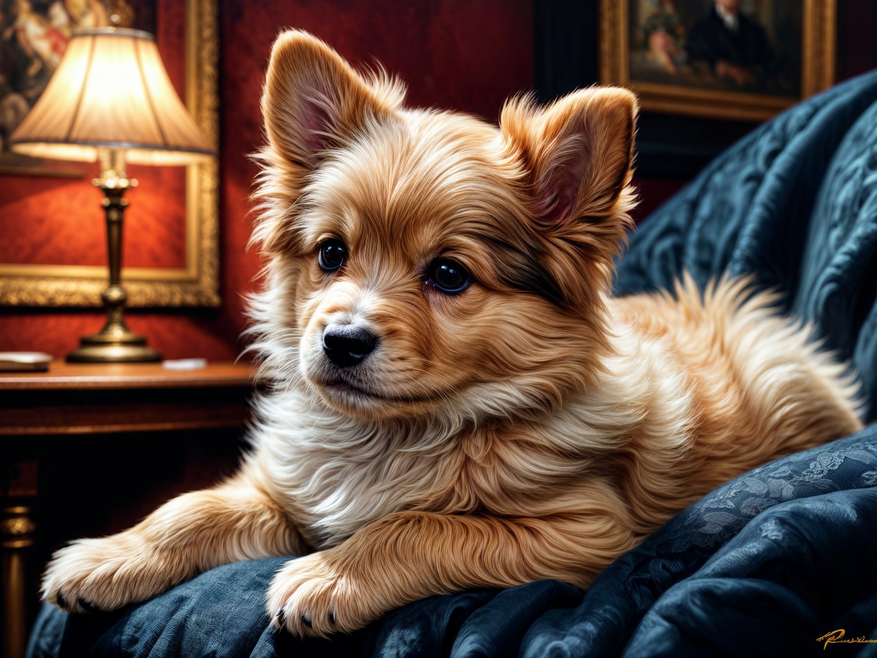 Fluffy Golden-Brown Puppy on Blue Velvet Cushion