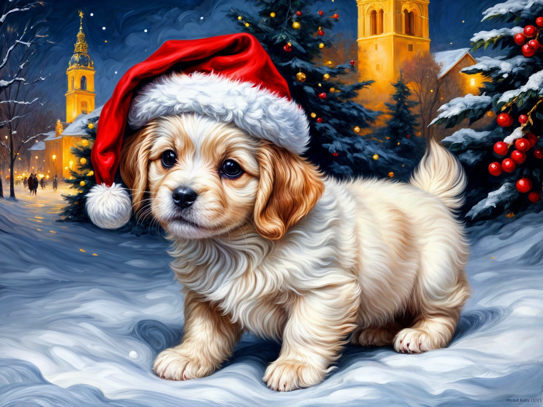 Fluffy Puppy in Santa Hat in Snowy Holiday Scene