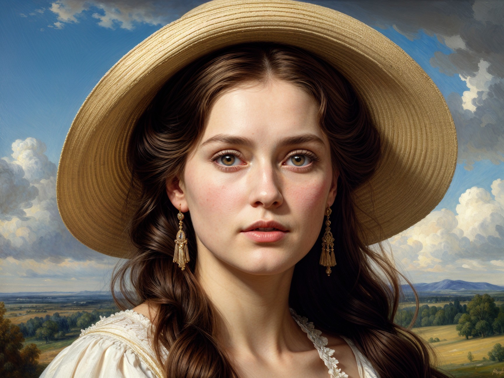 Young woman in straw hat with serene landscape backdrop