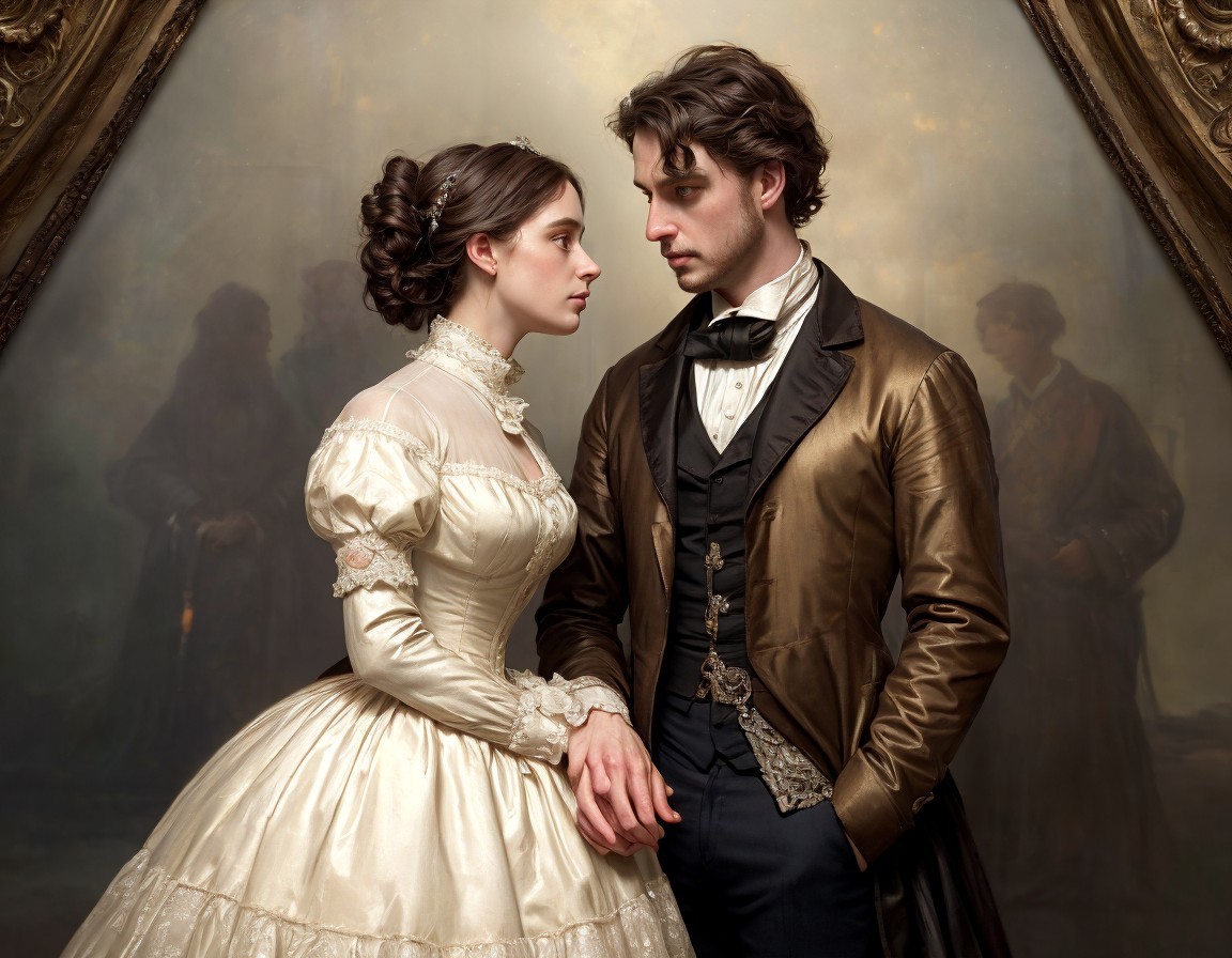19th-Century Couple in Elegant Attire in Historical Setting