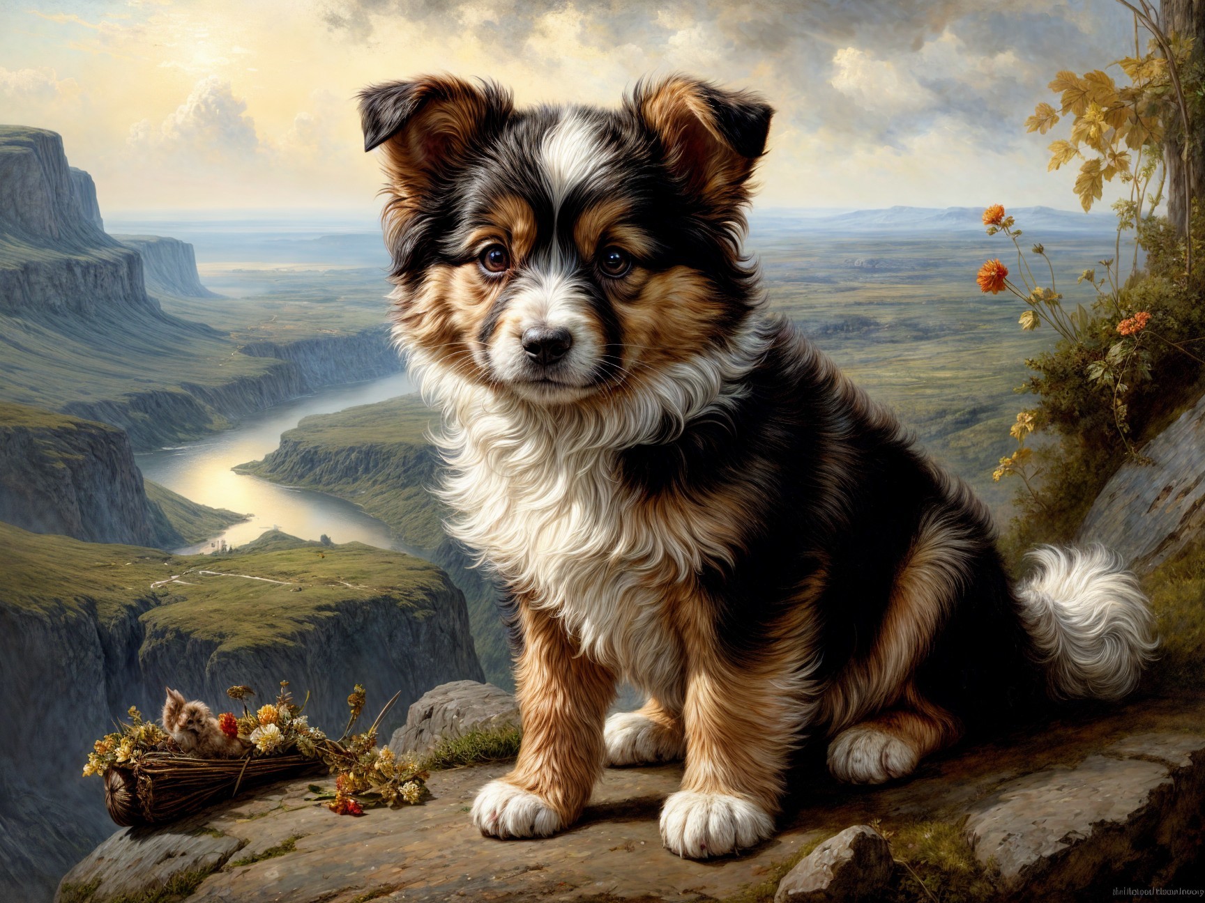 Tri-colored puppy on rocky ledge overlooking valley