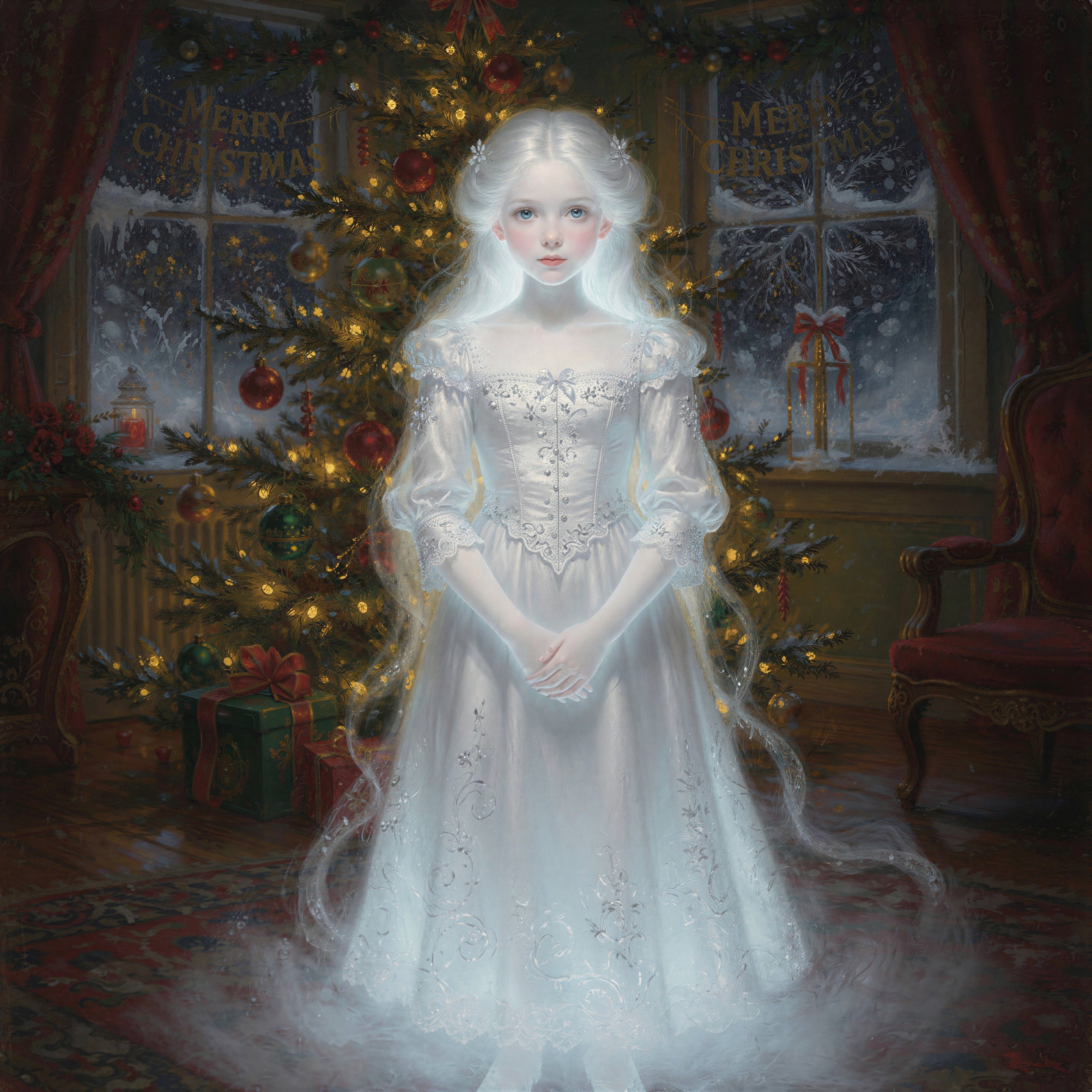 Young ghost girl by a Christmas tree with glowing lights