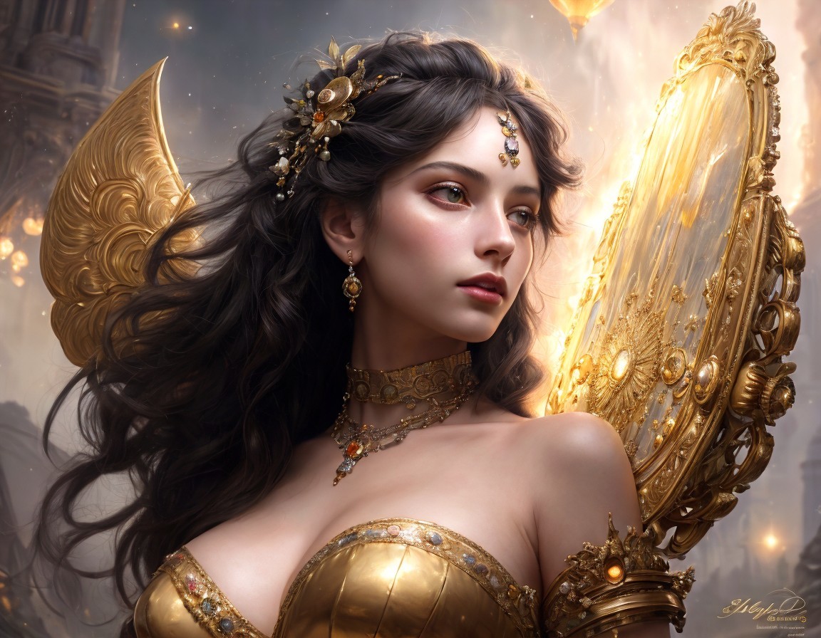 Digital Artwork of Woman in Golden Armor and Jewelry