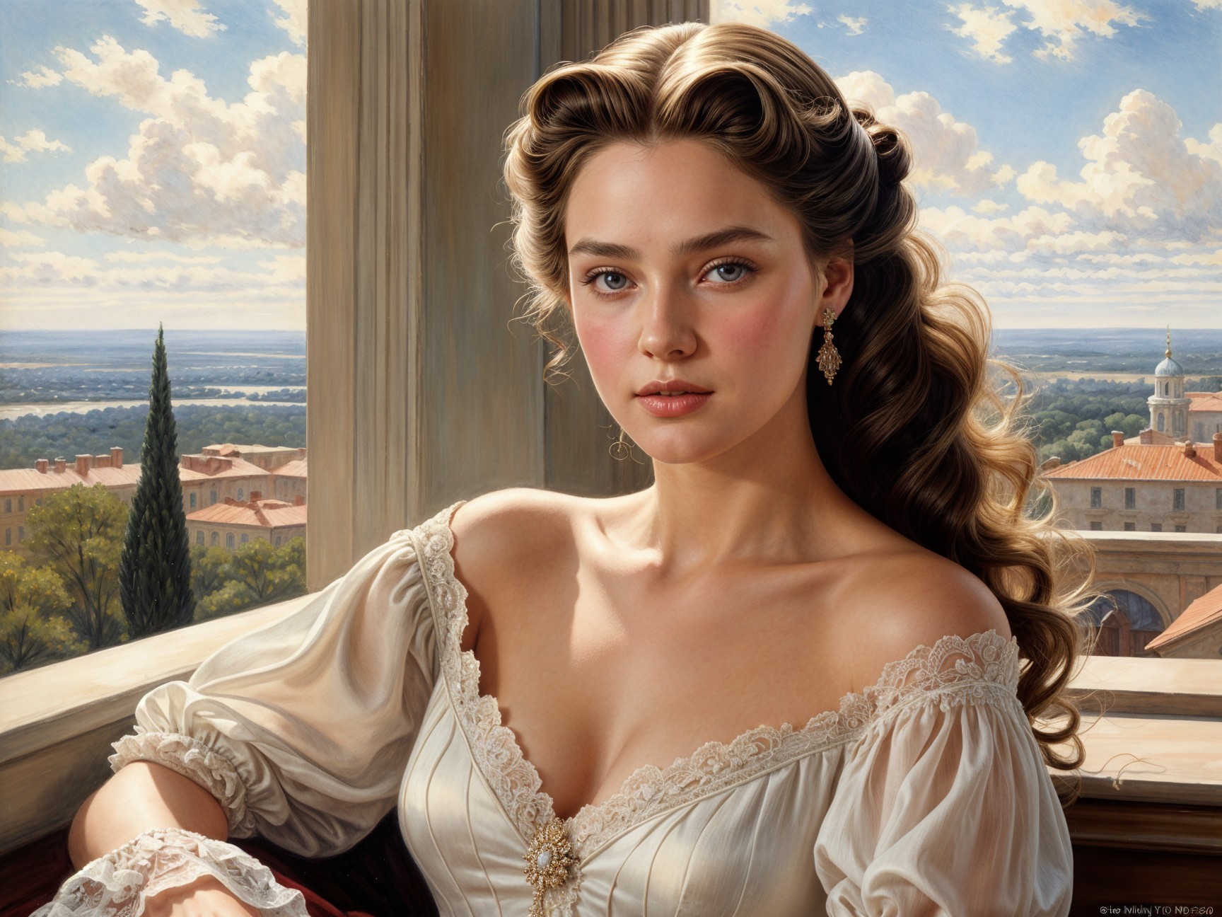 Elegant Young Woman in Off-the-Shoulder Dress by Window