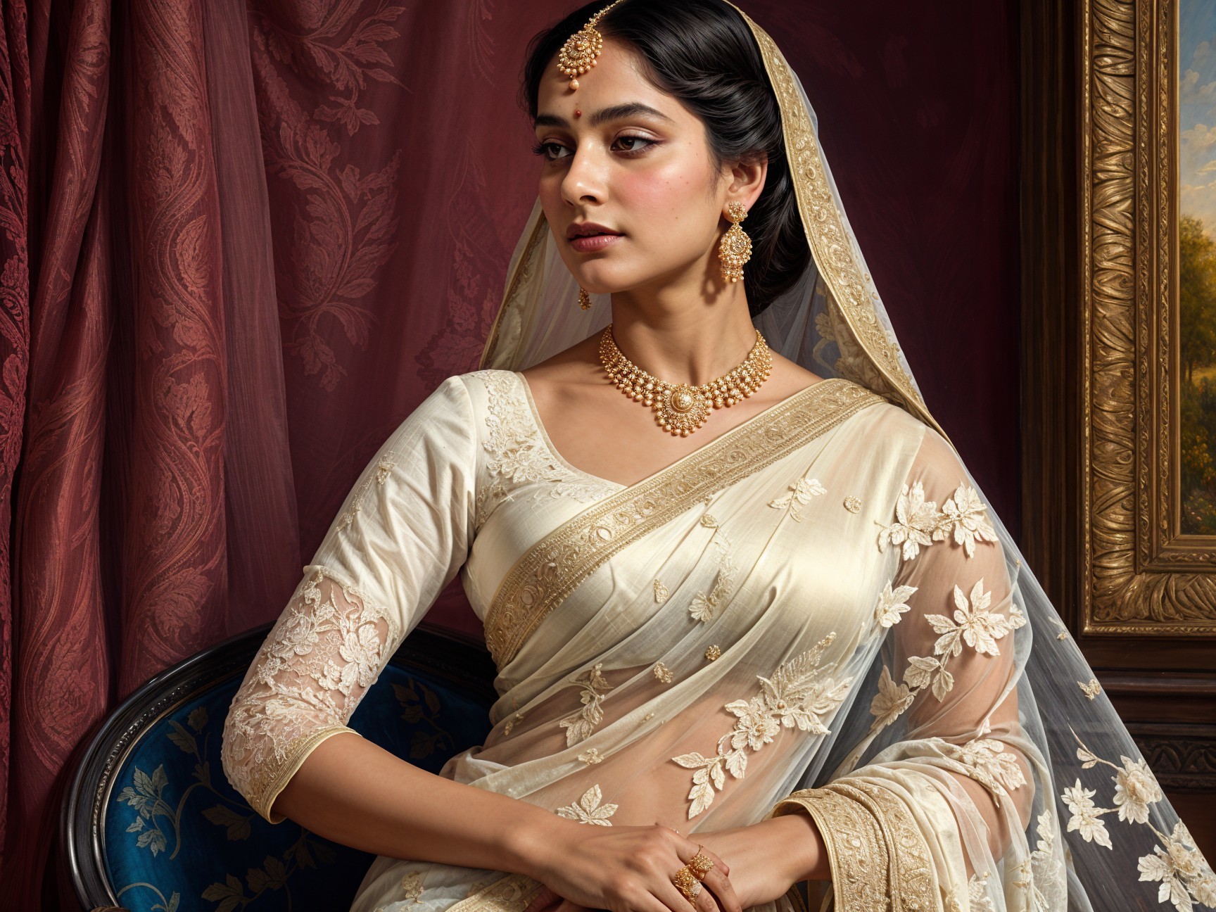 Elegant Woman in Cream Saree with Gold Jewelry