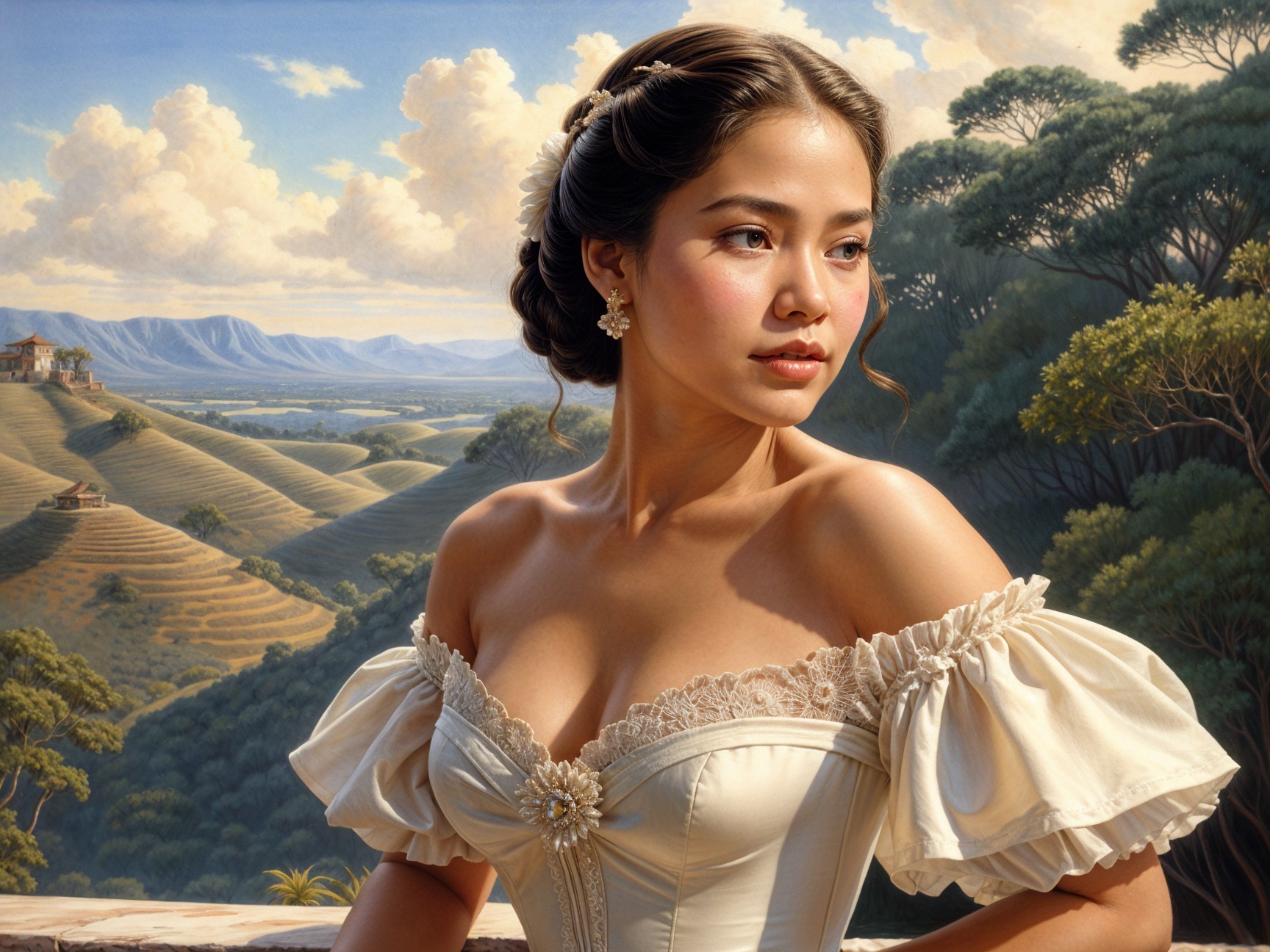 Young Woman in Cream Gown Against Scenic Landscape