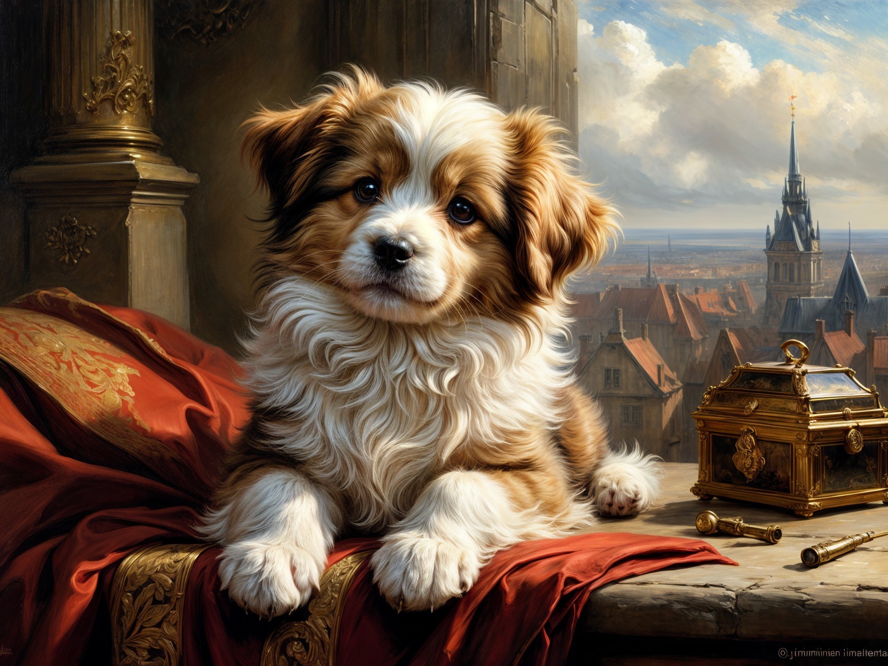 Fluffy Puppy on Red Cloth with Scenic Town Background
