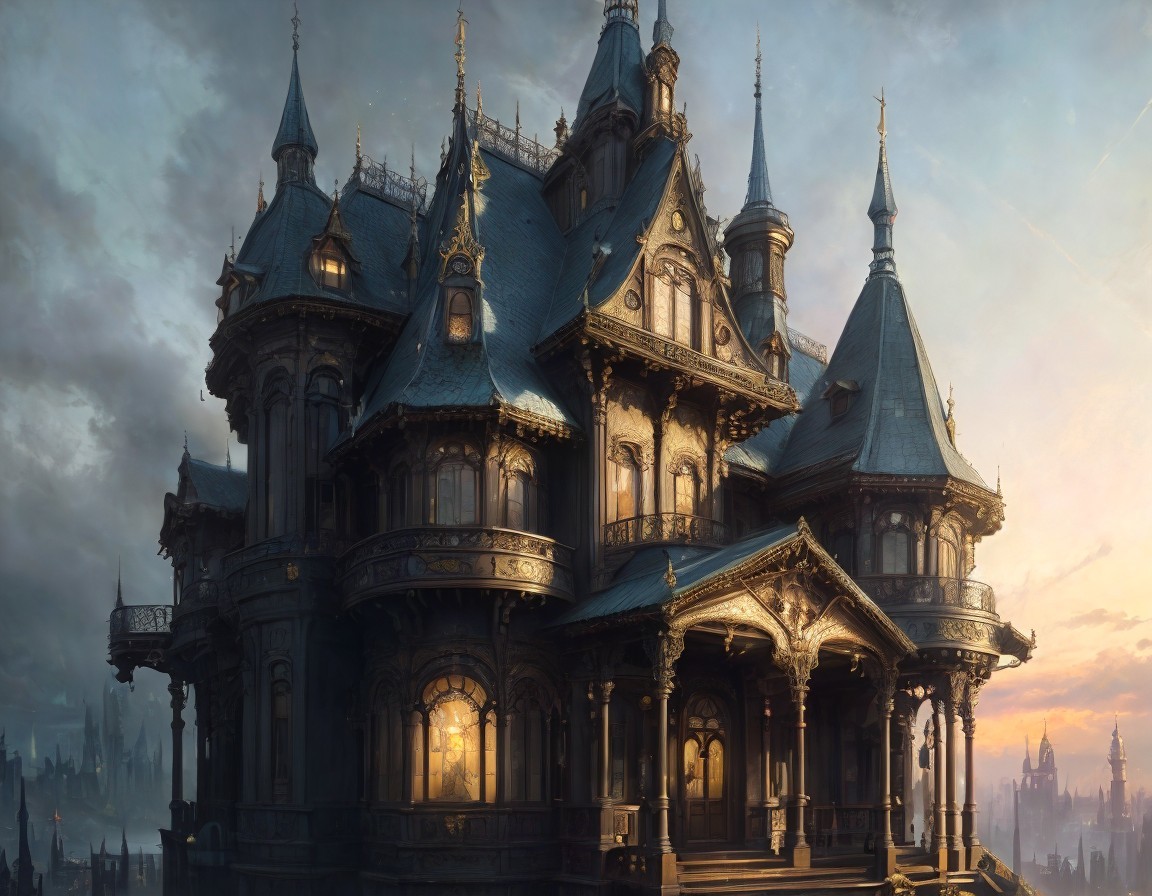 Victorian Mansion with Twilight Sky and Surrounding Mist