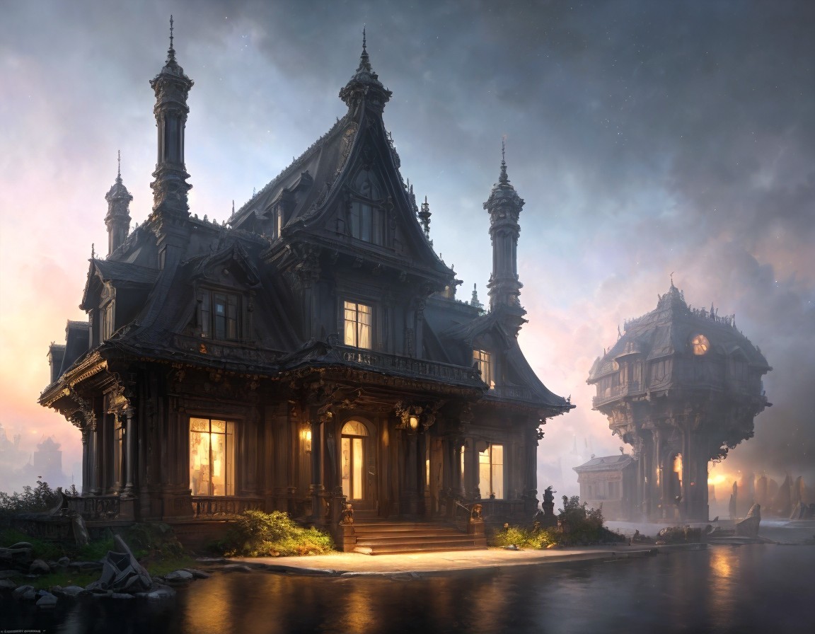 Victorian Mansions on Stilts Over Water at Twilight
