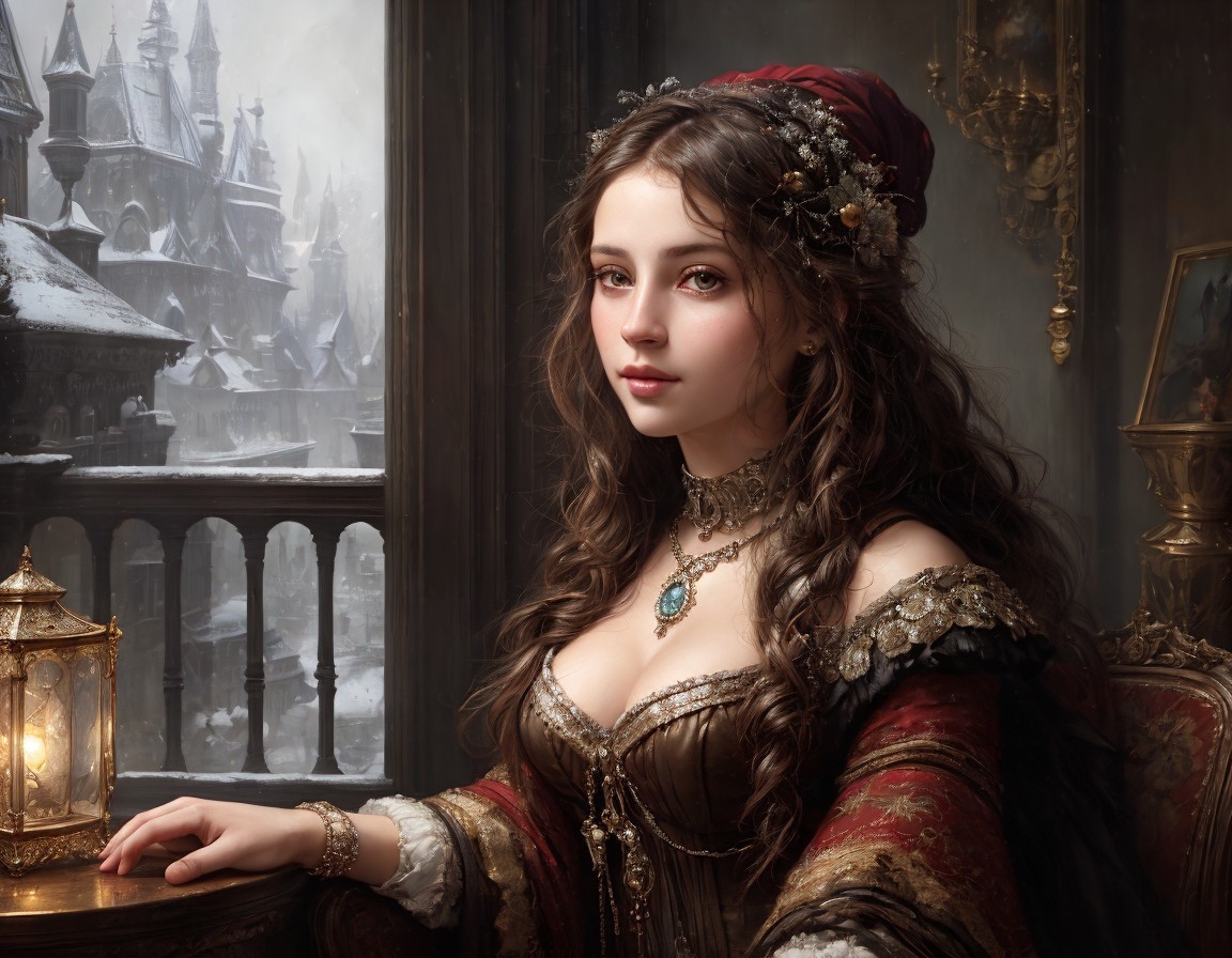 Young woman in renaissance gown with castle backdrop portrait