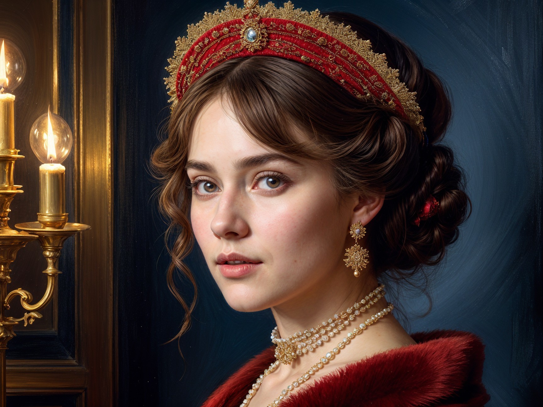 Elegant Young Woman in Red Tiara and Opulent Setting