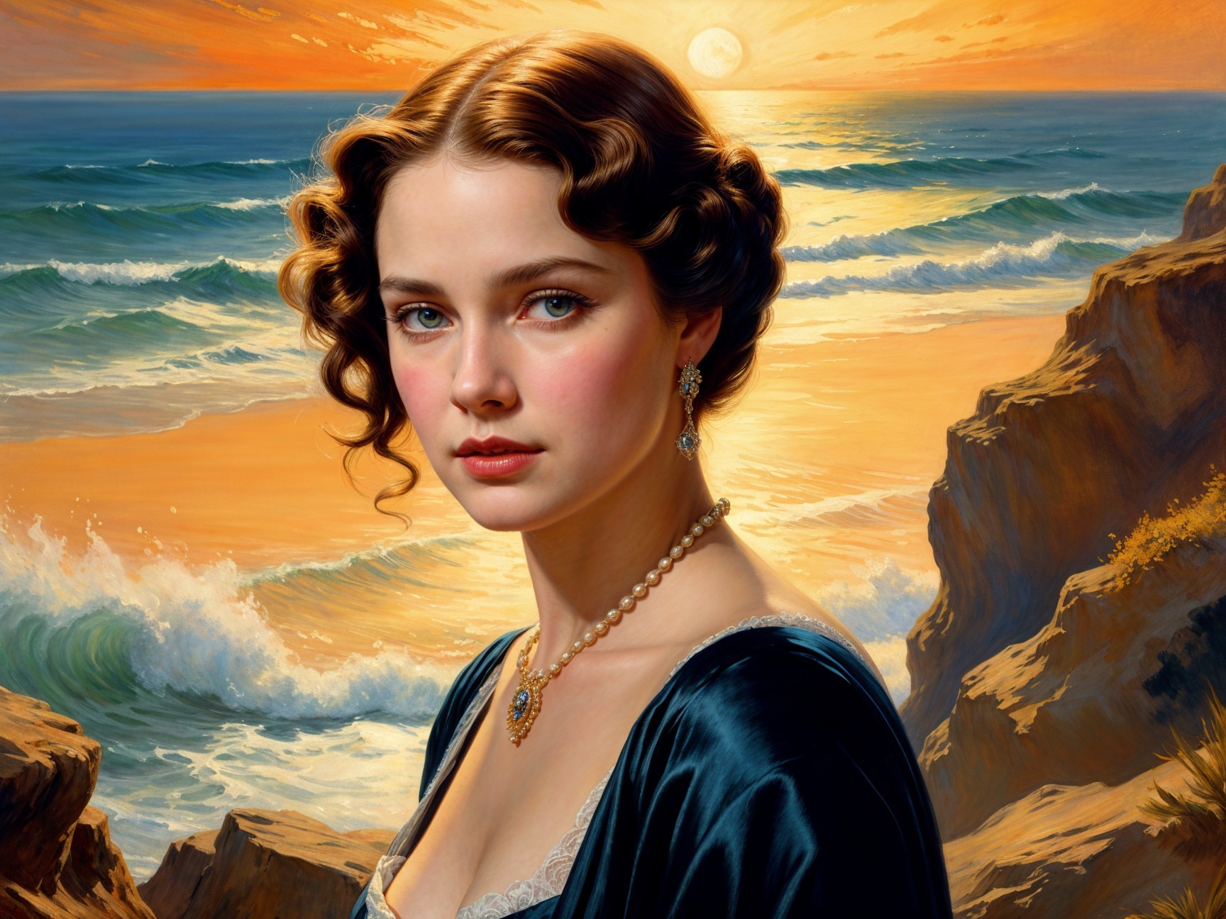 Young Woman in Elegant Dress Against Sunset Ocean Background