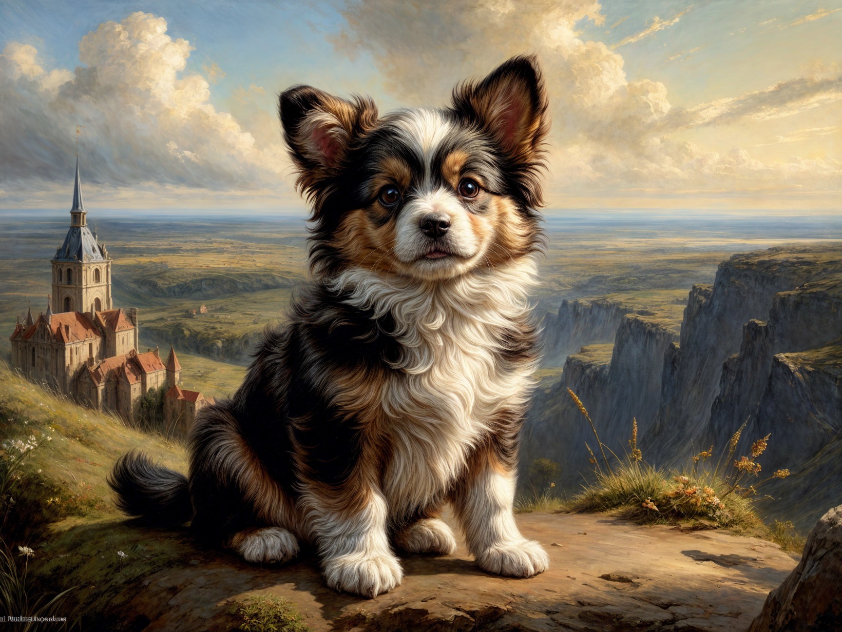 Fluffy Dog on Rocky Ledge with Scenic Landscape
