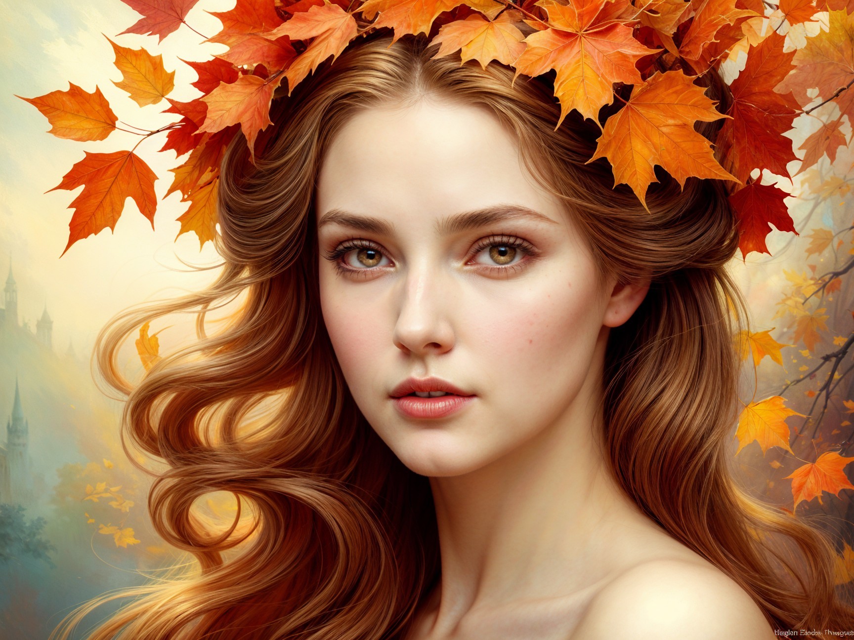 Young woman with autumn leaves in a whimsical setting