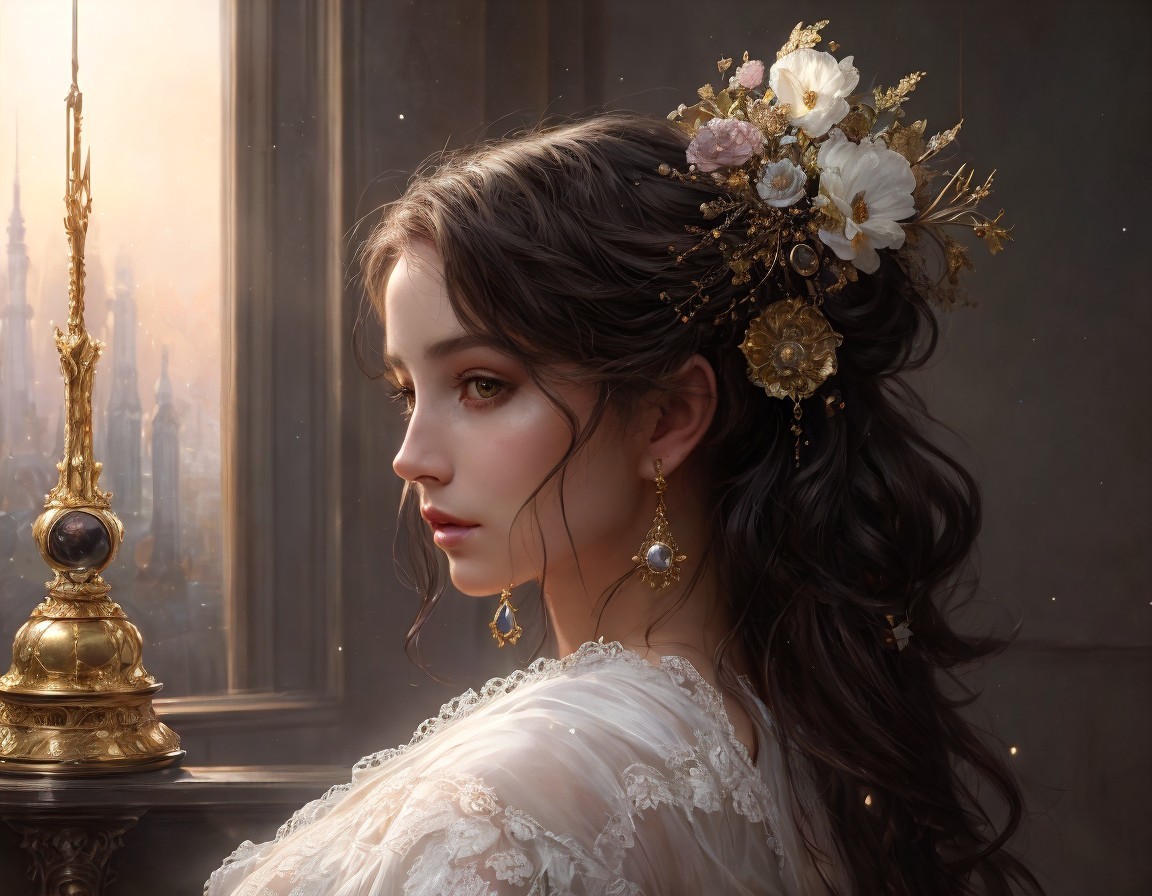 Woman with Floral Hairpiece and Lace Garment by Window