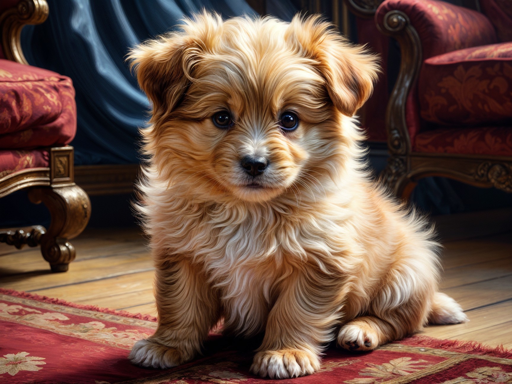 Fluffy Golden Puppy on Ornate Rug in Cozy Setting