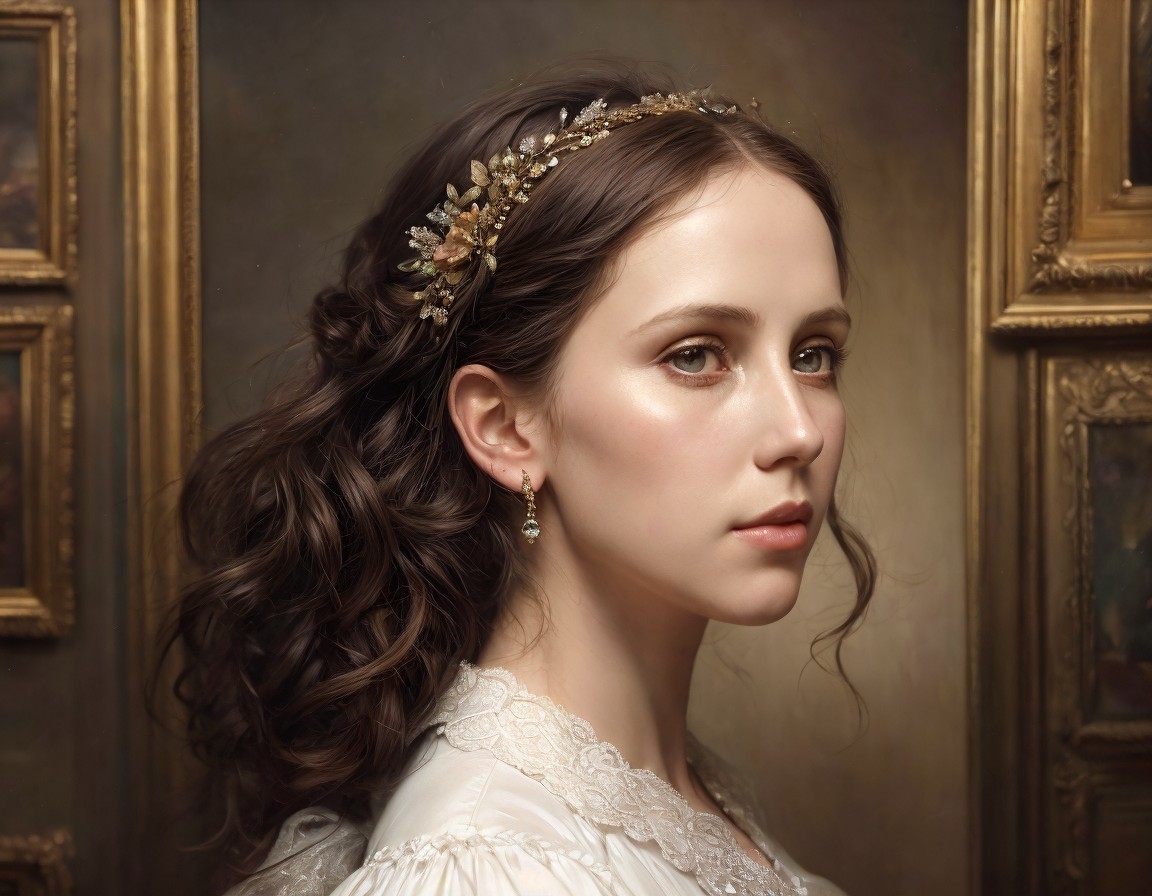 Young woman in white lace dress with golden hair accessory against classic paintings.