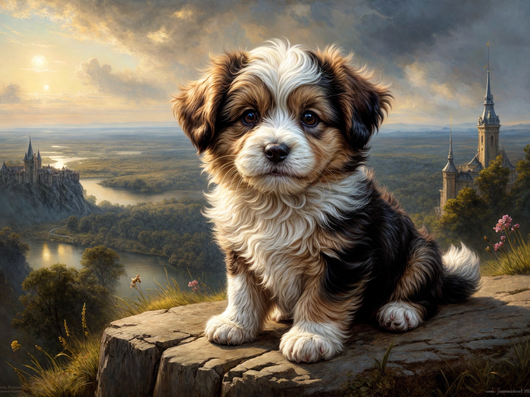 Tri-colored puppy on rocky ledge with scenic landscape