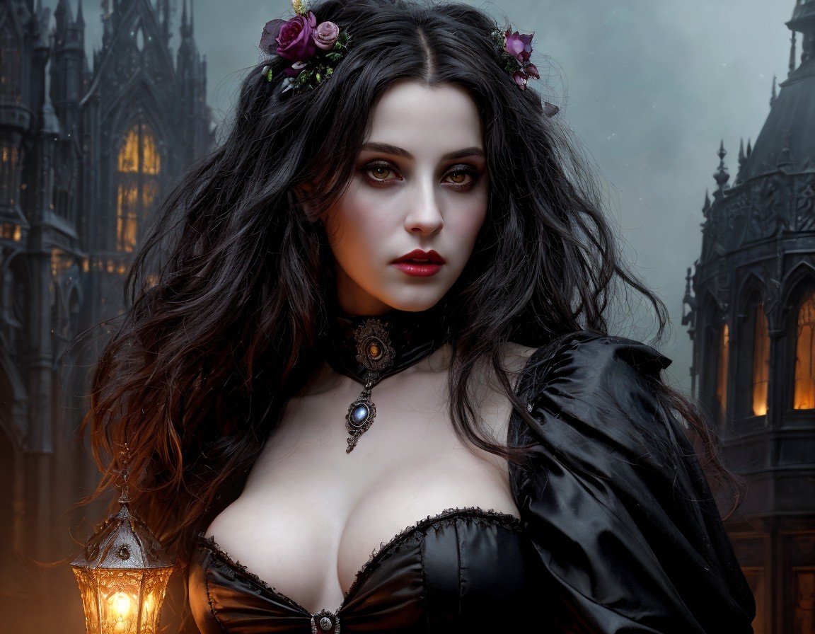 Dark-haired woman in gothic corset with lantern, cathedral backdrop