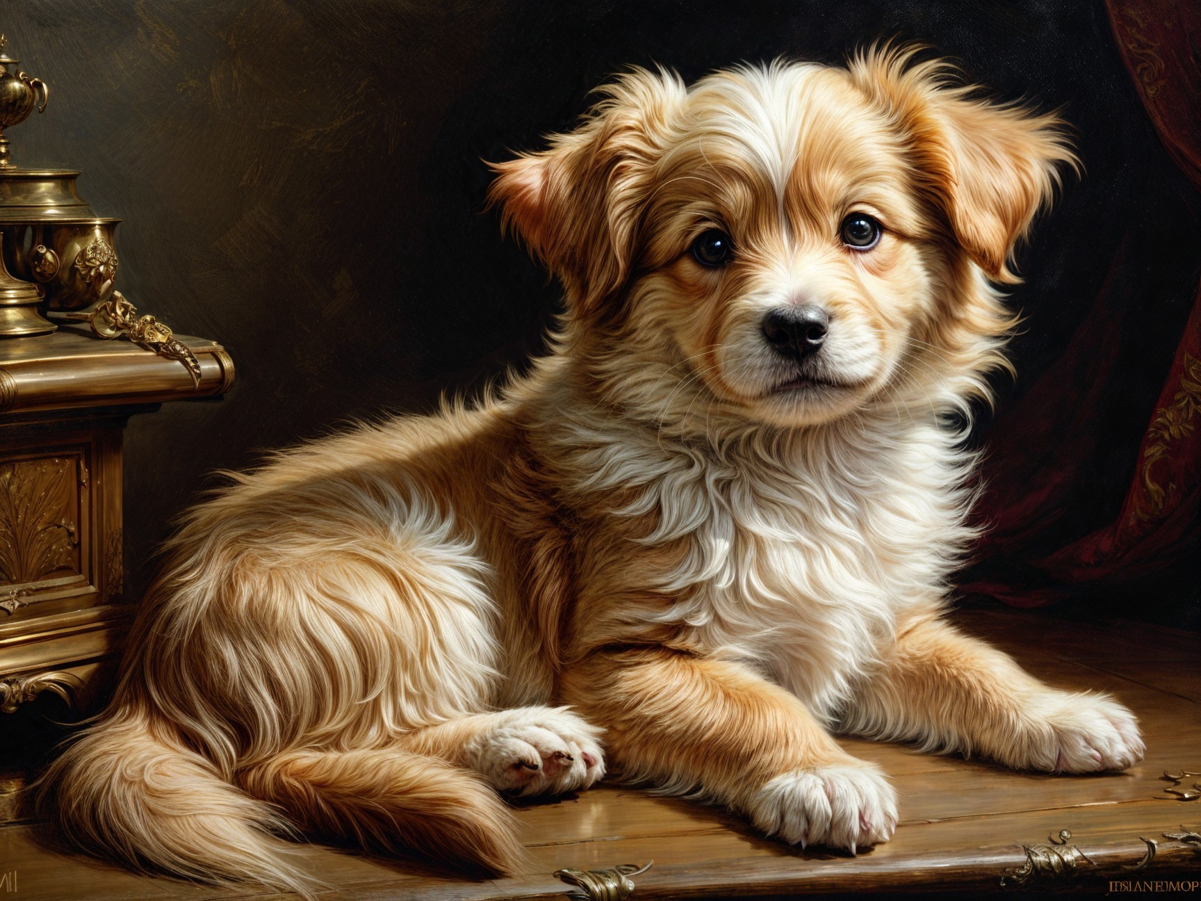 Fluffy Golden Puppy Resting on Wooden Surface