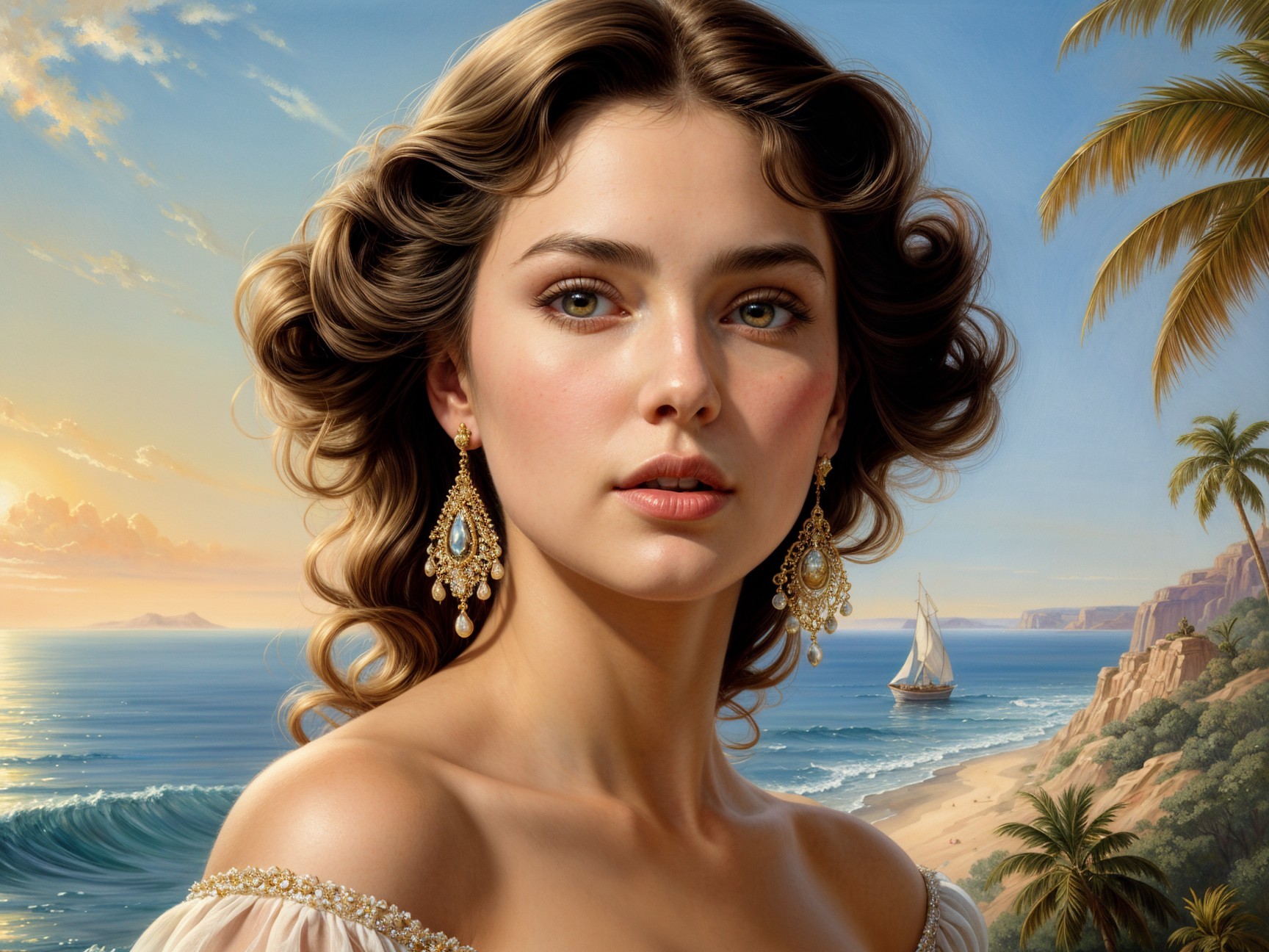 Young Woman with Curly Hair at Coastal Setting