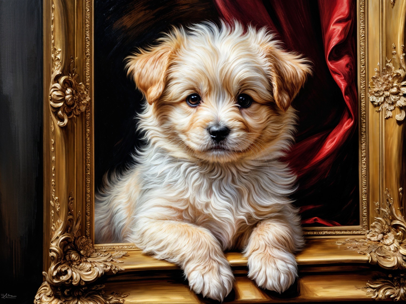 Cream-colored puppy in ornate golden frame