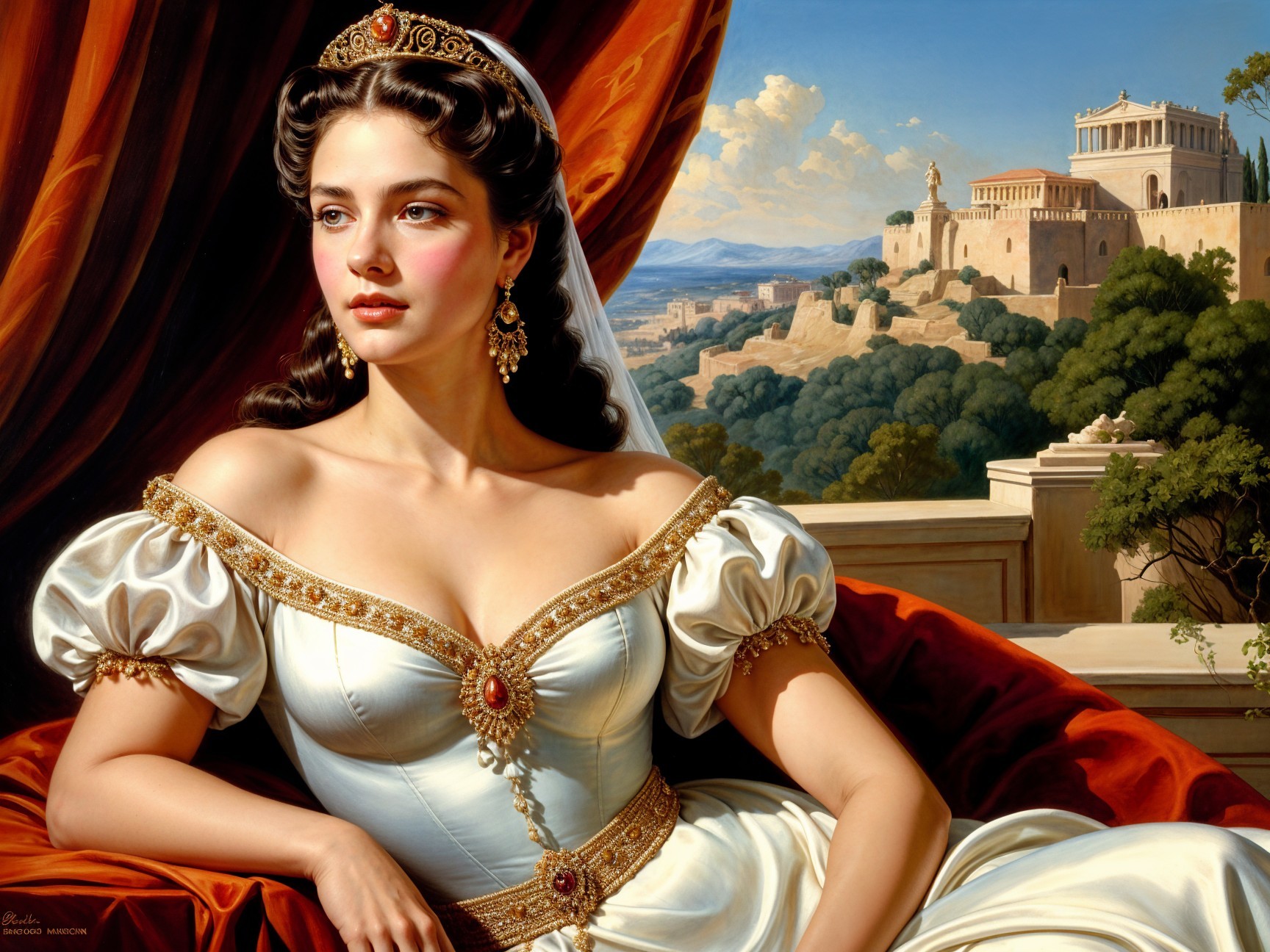 Regal Woman in White Gown Against Majestic Landscape