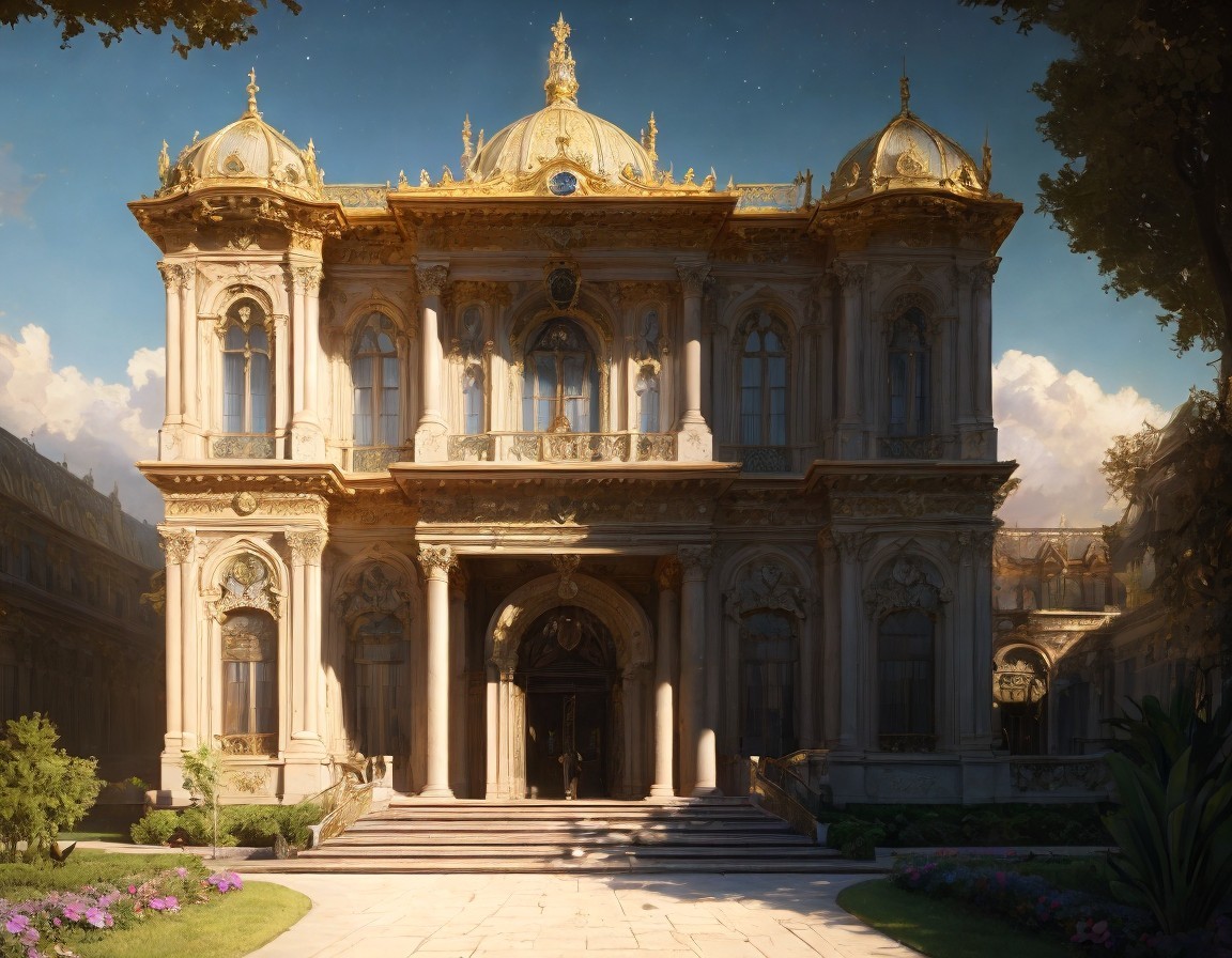 Opulent Baroque Palace with Golden Domes and Gardens
