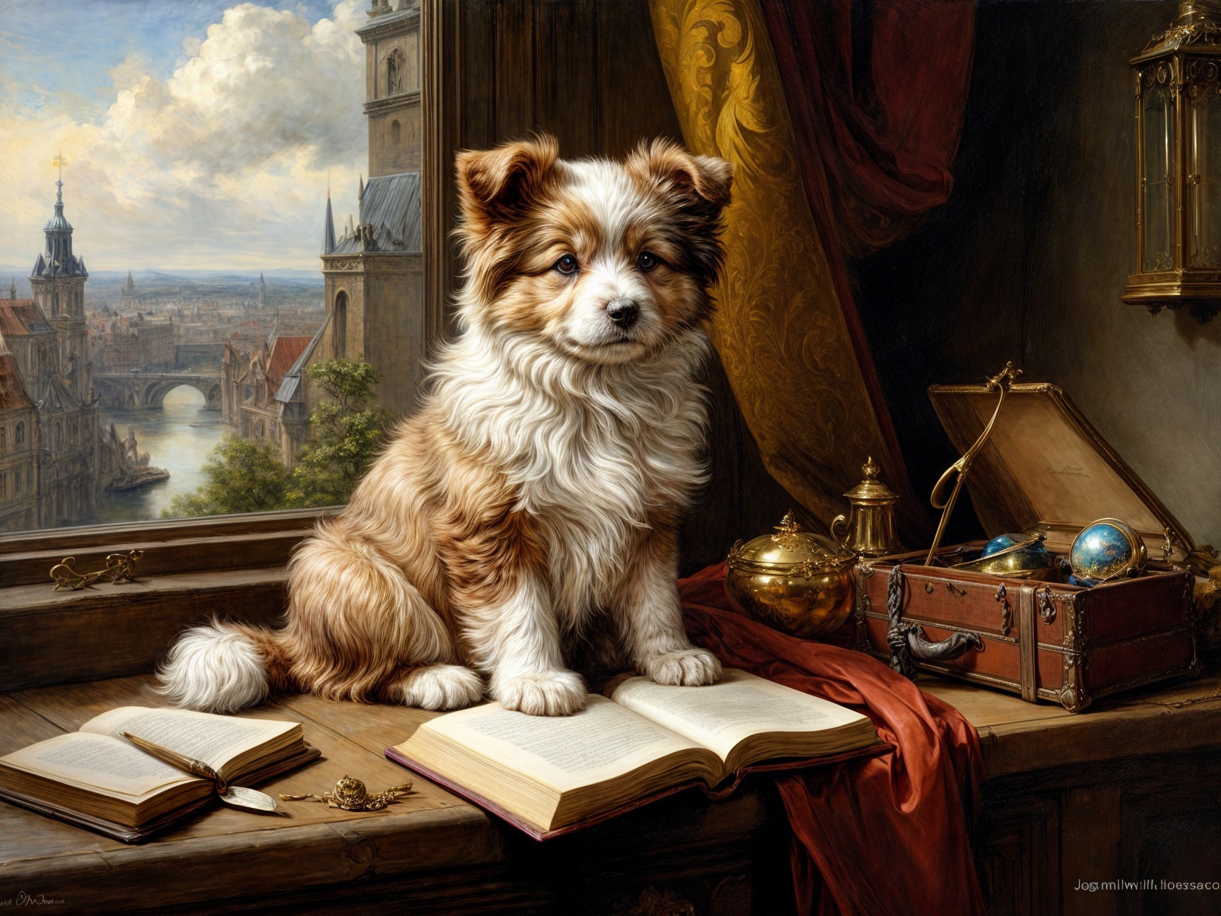 Fluffy Puppy on Book with Cityscape and Adventure Decor