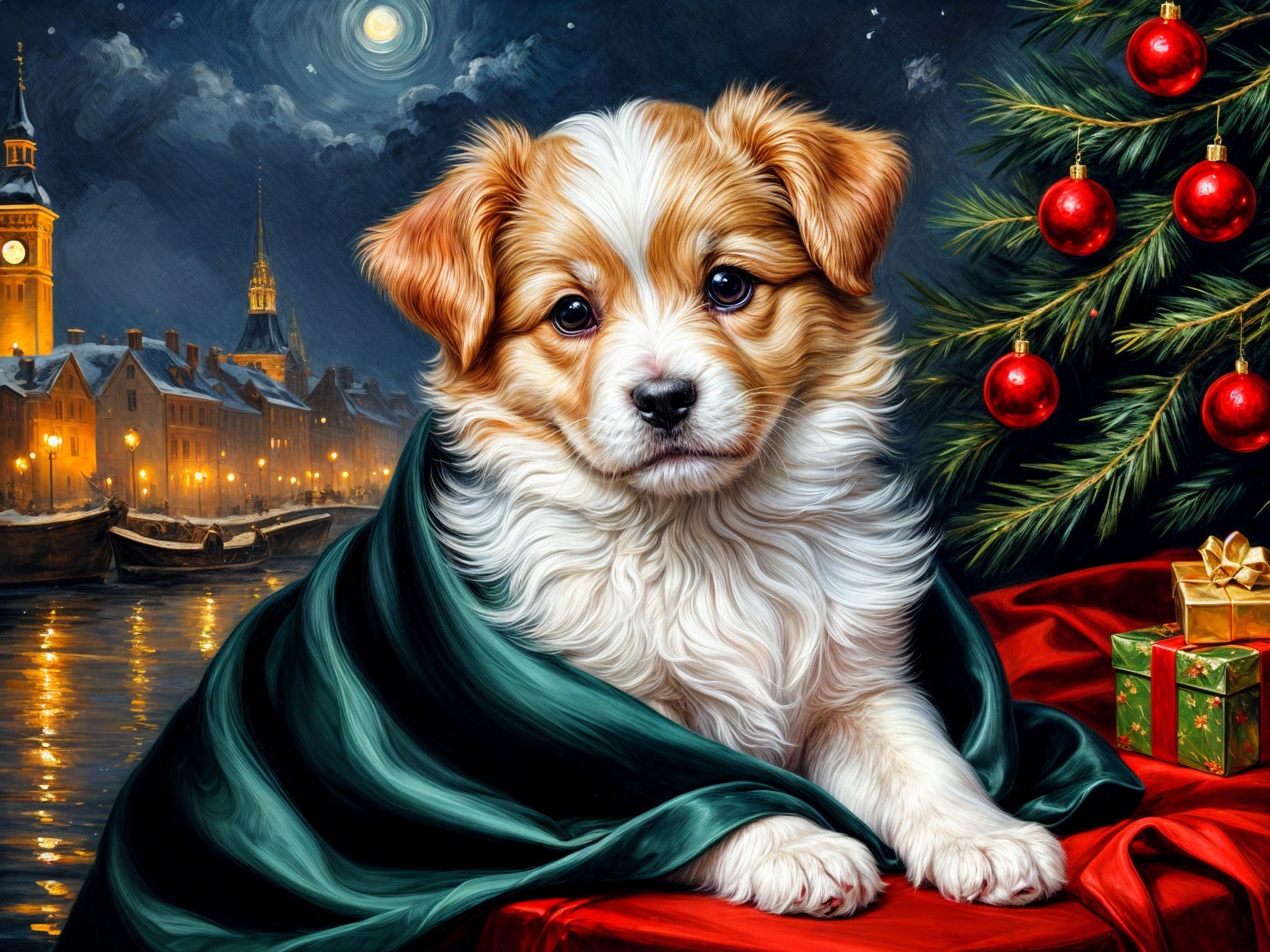 Puppy in Green Blanket with Festive Holiday Setting